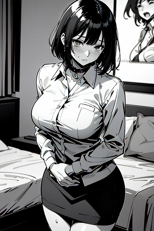 ((super high quality,Ultra-high resolution,4K,8k,super masterpiece,Ultra HD ,Detailed shading)),Looking at the camera,Dimly lit bedroom,Full body photo,Man and woman couple,A sexy mother and a naked man,popped collar White shirts,Tight collar,Long sleeve,BLACK Pencil Skirt,Black Hair,Penis inserted from the front,Sex,Glasses,Spread your legs wide,Ahegao,Ecstatic smile,blush,Sweaty,semen,Drooling,Pearl Earrings,Pearl Necklace,Engagement Rings,A man is grabbing me by the waist,Hold your phone to your ear,