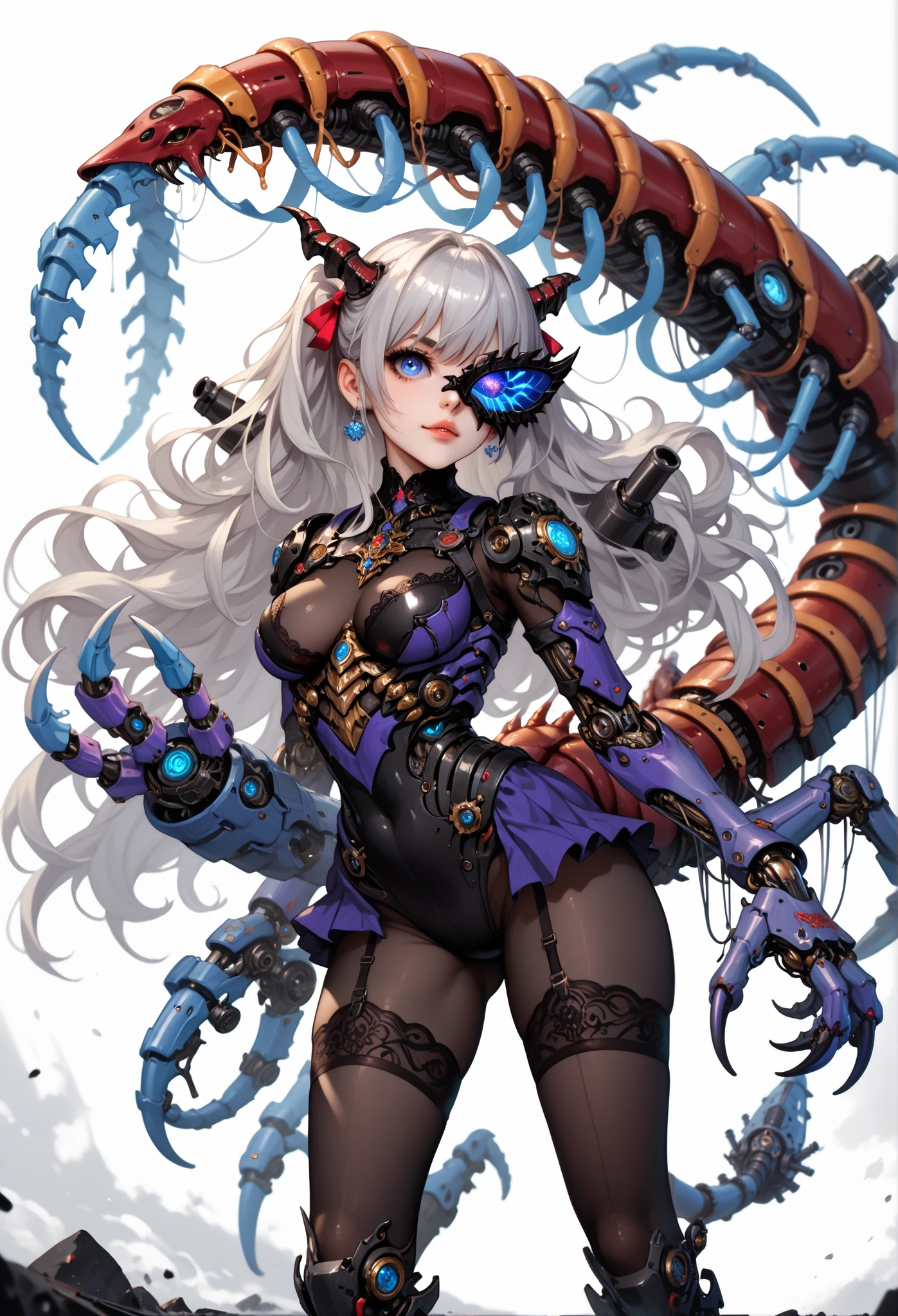 One woman. Body stockings. Silver hair. Long hair. Yandere. Mask covering half of face. Mask with horns. Centipede tail. Grinning. Fusion with a mechanical monster. Black armor. Large mechanical hands. Sharp claws. Military. Cannon. missile. White background.
