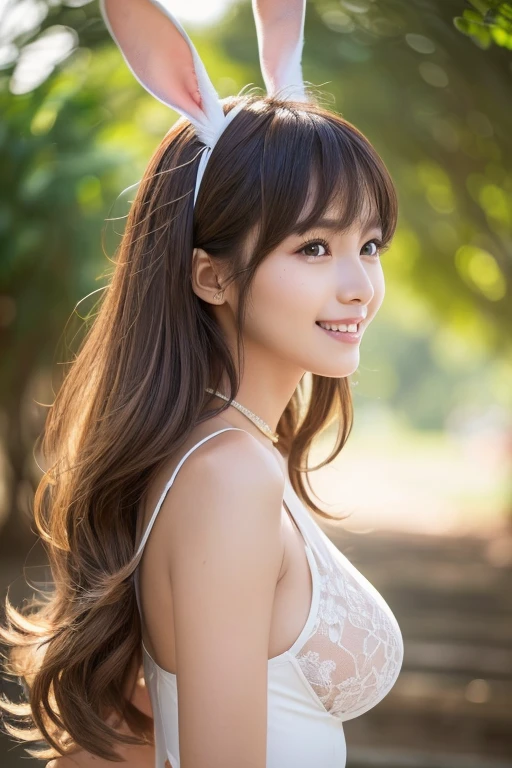 Young woman with long hair、hair tied back with a ribbon、wearing a white dress