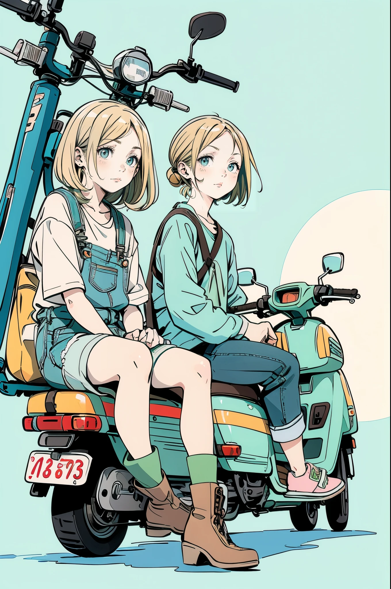 A beautiful anime-style illustration. A brown striped cat is sleeping on the seat of a pale blue scooter. A blonde woman is crouching next to the scooter, gazing at the cat. The woman is wearing a green off-the-shoulder top, denim shorts and brown boots. The background is pale blue, giving the illustration a simple and clean feel. The overall color scheme is soft, creating a warm atmosphere.