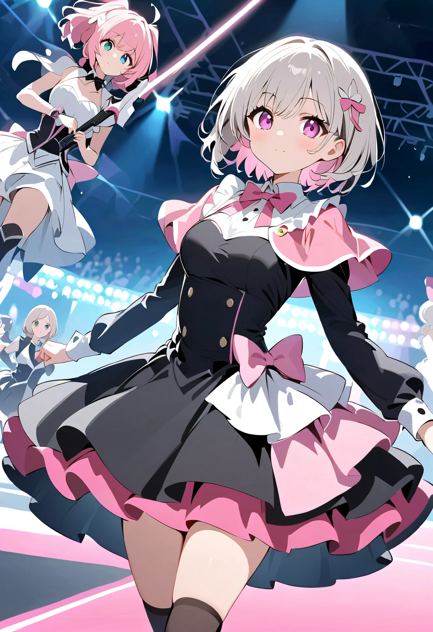 black costume、 AKB, black dress 、 gray hair 、 gray hair に毛先はピンク、 black long sleeve dress ロングスカート、 pink ribbon がついたblack knee high socks、 pink ribbon 、 Idol Costume、 medium white hair with pink tips 、Pink hair with pink tips、 black long sleeve dress 、Beautiful Absolute Realm 、whole body、black knee socks、 black long sleeve dress 、白く short hair 、Beautiful Absolute Realm 、 alone、 small pink bow black knee high socks 、Depiction of fine eyes 、 short hair 、