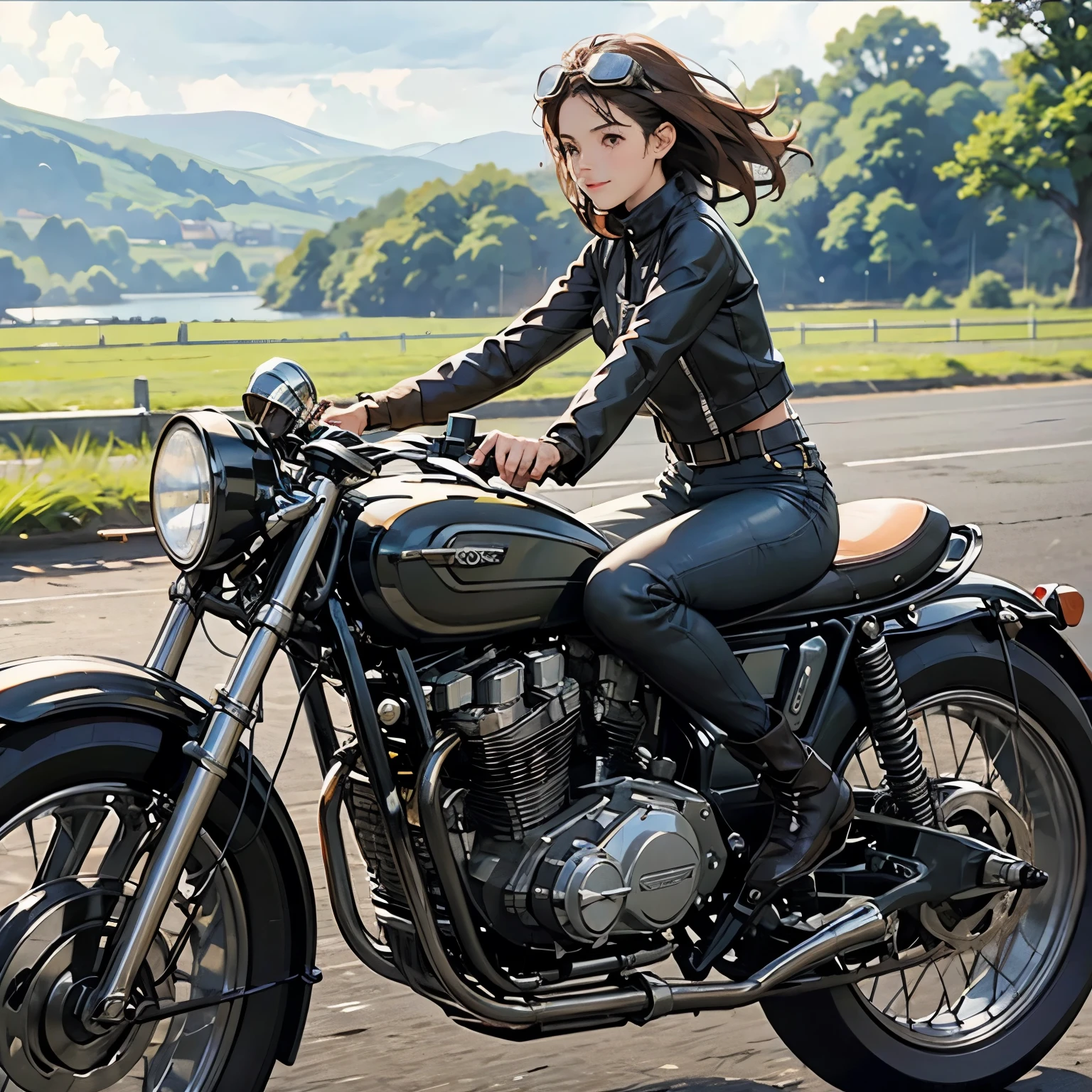 Vintage Bikes、victory、Isle of Man Races、(A young female rider speeds along on a motorcycle)、Leather jumper、Cromwell helmet with goggles、After the Rain、English countryside、