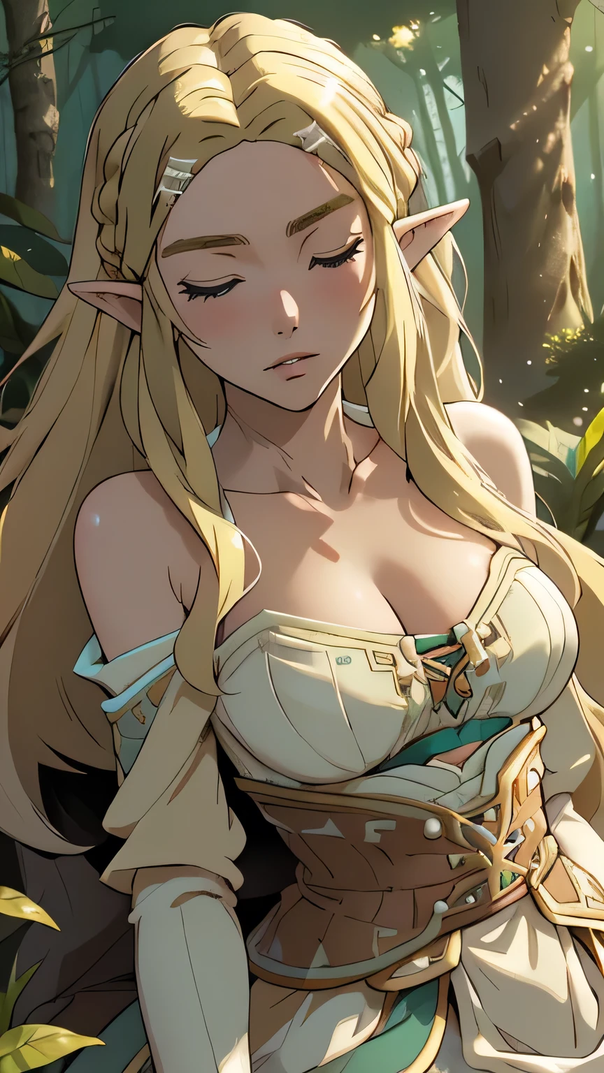 (masterpiece, best quality), 1girl, elf, mature woman, long blonde hair, silk white lingerie, village, forest, thighs