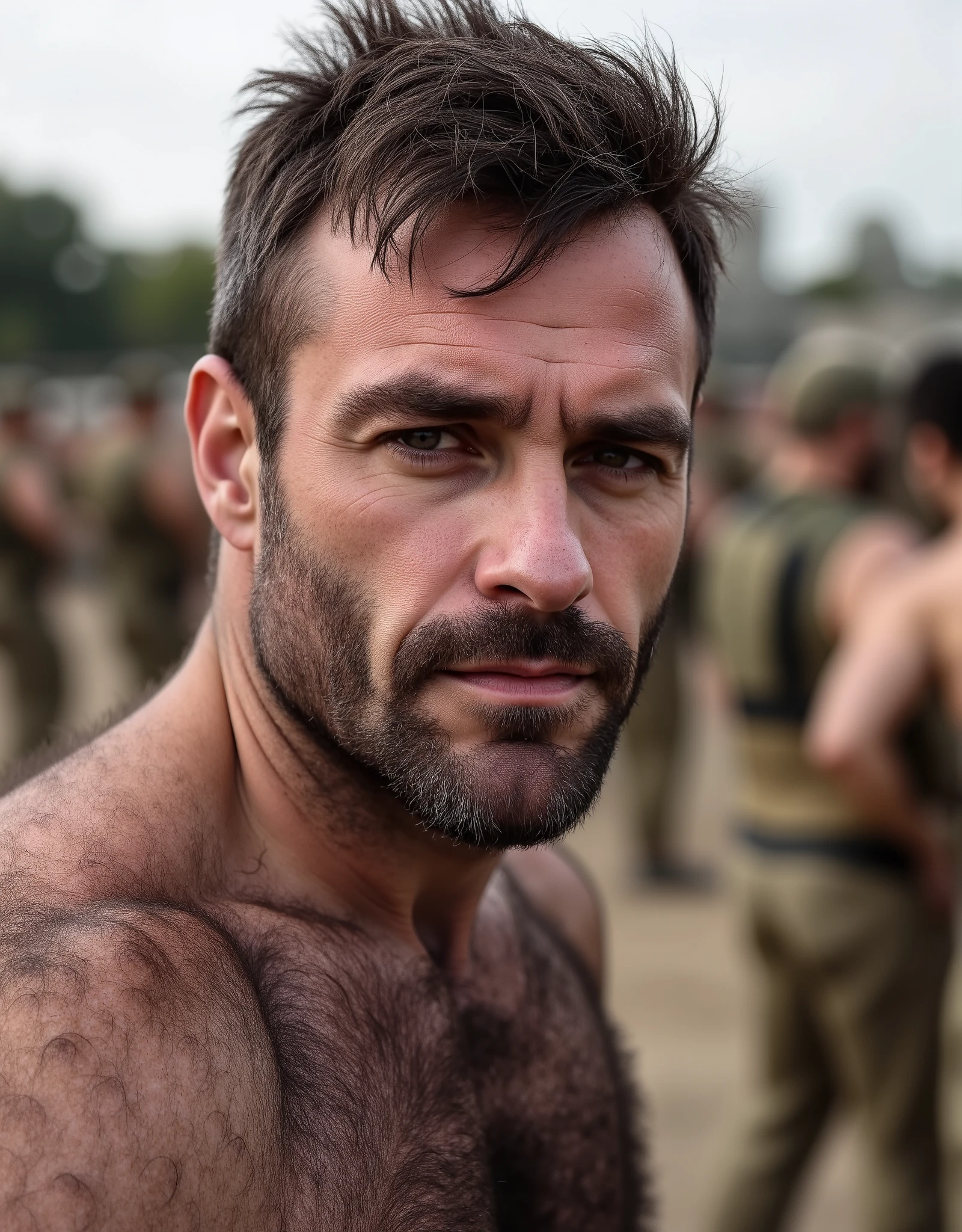 masterpiece, best quality, high resolution, detailed portrait, male focus, solo focus, A man, 45 years old, with military clothes, soldier, hair, messy hairstyle, cute and seductive face, bare chest, body hair, facial hair, roman nose, hairy armpits, very skinny body, hairy legs, dimples, goatee and mustache, bold jawline , in the background a millitary camp and other soldiers, view from below, amazing composition, front view, HDR, ultra quality, elegant, highly detailed