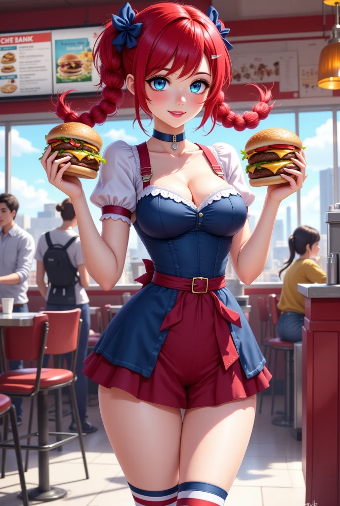 (masterpiece, best quality:1.2), solo, 1girl, ffwendys, smug, , looking at viewer,, twin braids, hair bow, striped dress, striped sleeves, puffy sleeves, striped thighhighs, indoors, restaurant , horny , reveling her breast , camel toe , reveling clothing , grabing her breast, tonge out