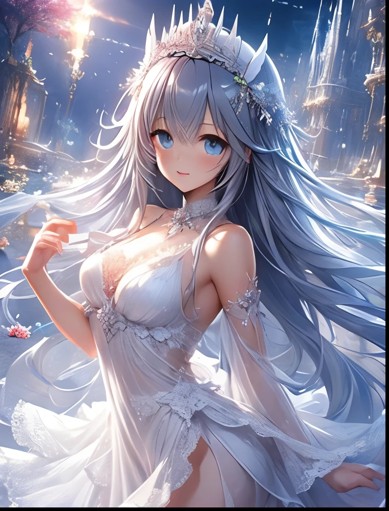 (((SFW、Accuracy、Highest quality、 A first-class masterpiece 、 Normal body 、8k、 detailed face 、 super precision 、 Normal Hands 、5 fingers、Highest、3d)))、『DeepOne - Zero and the Phantom Fragment』、Frau、 beautiful girl、Gray Hair、 long hair、 slender、 slim、Big Breasts、 short、Young、clear、pure、pure、Innocence、ultra-thin white transparent nipple sheer dress、Muscle Exposure、Put your hands together at your chest、Near Future Facilities