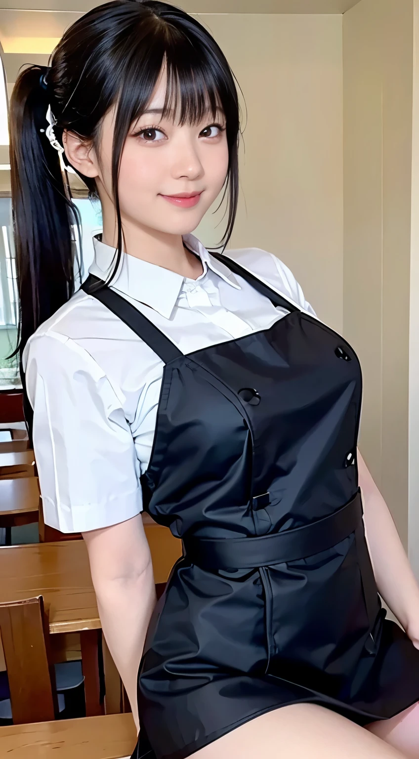 (highest quality,masterpiece:1.3,ultra high resolution,),(Super detailed,caustics),(Photoreal:1.4,RAW shooting,)ultra-realistic capture,very detailed,High resolution 16K human skin close-up。 natural skin texture、,The pores are、、、、Must be detailed enough to be easily identified。 Skin should look even-toned and healthy。 Use natural light and color,restaurant,waitress uniform,1 girl,Japanese,18-year-old,cute,black haired,ponytail,big breasts,smile,turn your body forward,(Front view:1.1),look at the camera,cowboy shot,