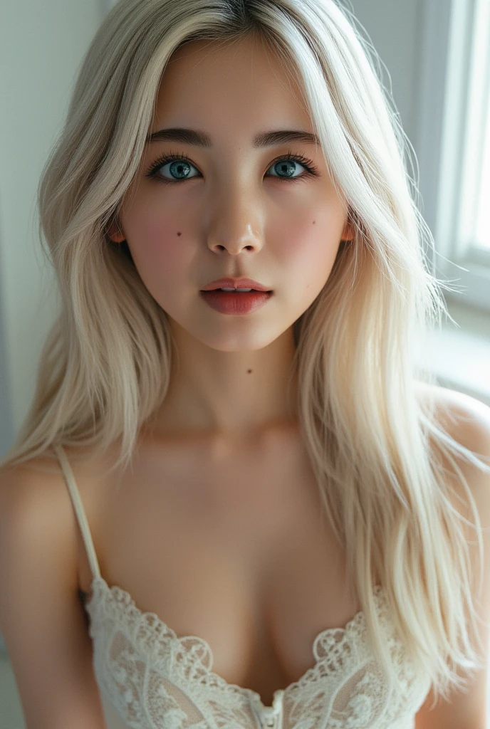 korean women, sexy girl with blue eyes, portrait yael shelbia, blonde hair and large eyes, selfie of a young woman, full body photo, big breast with sexy curves