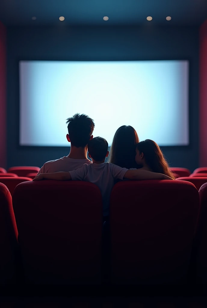 women and children in the cinema、Young men，Sit in a red seat，Eat popcorn，Watch a movie，Face the back，Top-down view，Several men raised their hands and cheered,Happy atmosphere CG --auto
