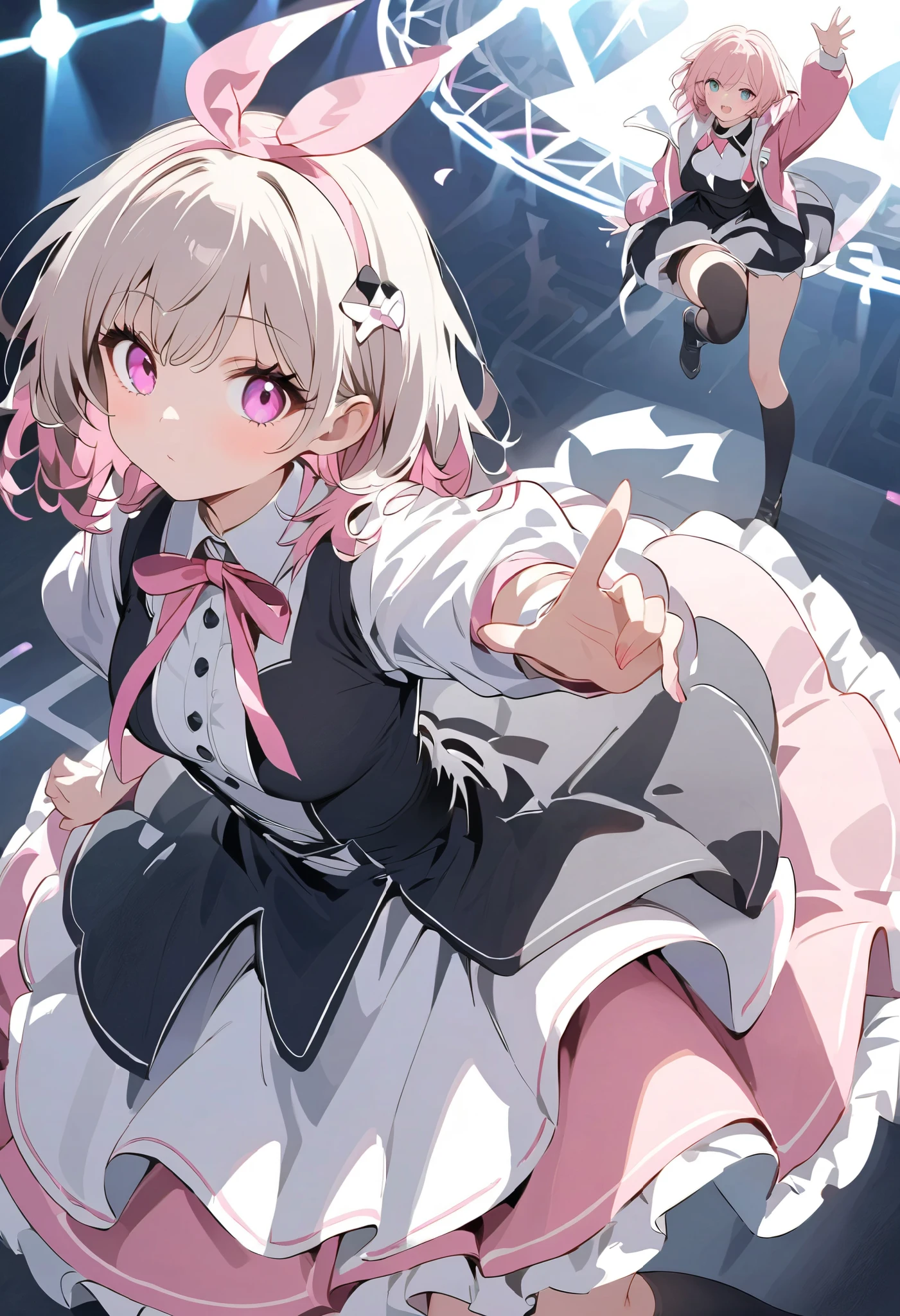 black costume、 black dress 、Gray Hair、Gray Hairに毛先はピンク、 black long sleeve dress ロングスカート、 pink ribbon がついたblack knee high socks、 pink ribbon 、 Idol Costume、White medium hair with pink tips 、Pink hair with pink tips、Black long sleeve dress 、Beautiful Absolute Realm 、whole body、Black knee socks、 black long sleeve dress 、白く short hair 、Beautiful Absolute Realm 、Alone、 BLACK KNEE HOGH SOCKS WITH SMALL PINK BOWNS、、Depiction of fine eyes 、 short hair 、