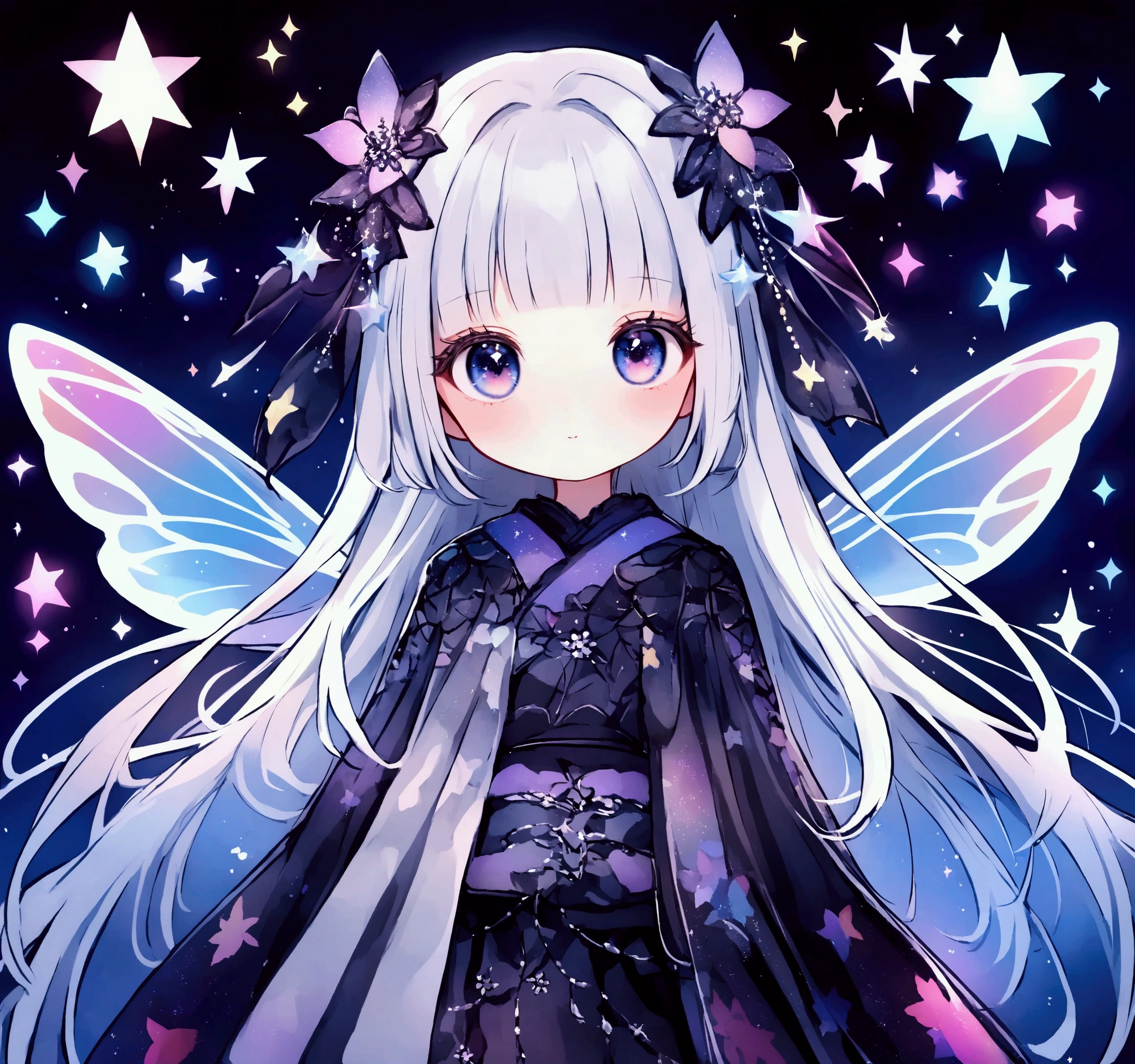 black Milky white and blue bangs peeking out 、 each eye has 3 eyelashes 。. Shine; Sparkling glitter、Star Fairy、 small translucent fairy wings grow from the waist、Space pattern goth kimono 、 cute、