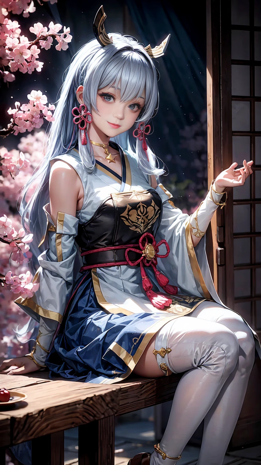 An illustration、Japanese 、White skin、blue eyes、Light blue hair(Wolf Cut)、kimono(Miko costume)、examiner、