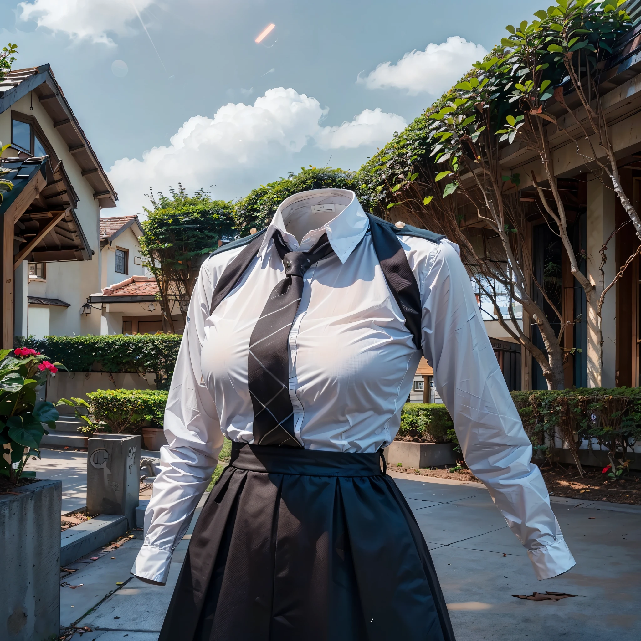(invisible, no humans, headless, handless, faceless:1.5), 1girl, highres, stripe tie, school uniform, black dress, red ribbon, long sleeves, neck ribbon, school jacket, collared dress, in garden, photon mapping, radiosity, ((Hasselblad photography)), physically-based rendering, detailed cloth texture, arched back