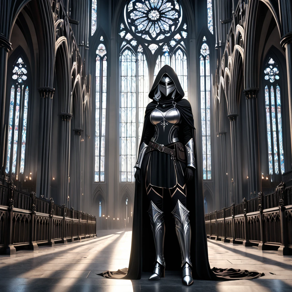 A striking interior of Gothic temple with the Gothic architecture and stained glass windows. Inside the temple at the center , a powerful and beautiful female warrior statue, heavily armored and leaning on a long, double-edged sword. The statue has a solemn and wise, determined expression. At the bottom of the statue is the large stone bowl. The temple is majestic and beautiful.
