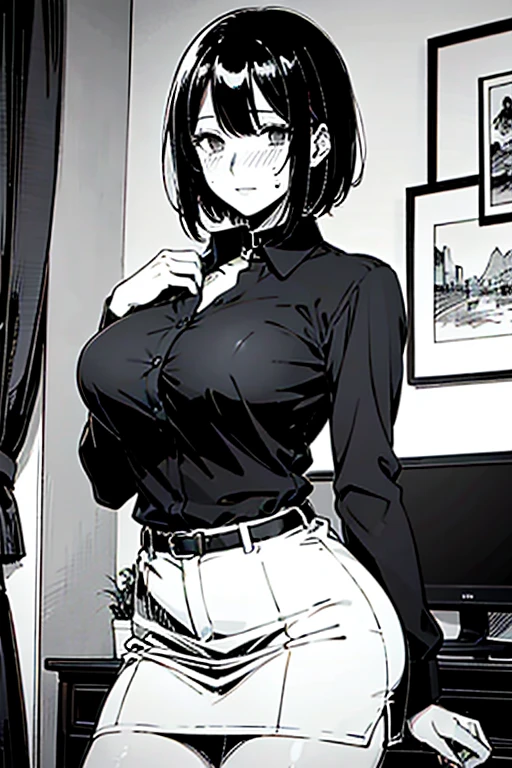 1girl, solo, sitting, hair over one eye, black hair, naughty face, office lady, pencil skirt, open shirt, bra, large breasts, pantyhose, office, desk, computer
<lora:mrpotatoparty:1>