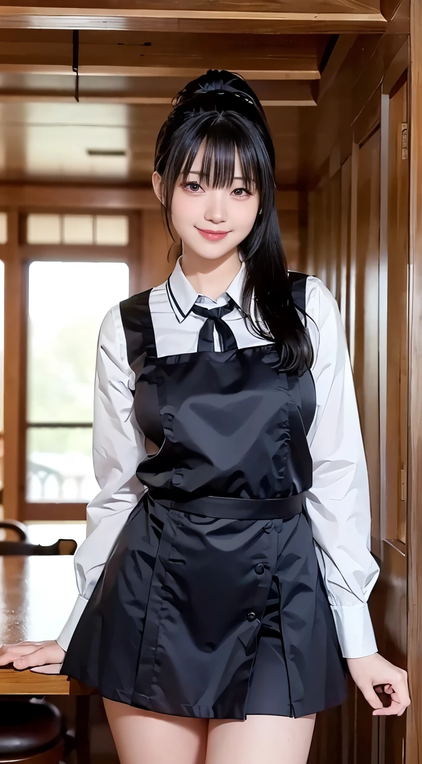 (Highest quality,masterpiece:1.3,Ultra-high resolution,),(Very detailed,Caustics),(Realistic:1.4,RAW shooting,)Ultra-Realistic Capture,Very detailed,High resolution 16k human skin closeup。 Natural skin texture、,pores、、、、It must be detailed enough to be easily identifiable。 Skin tone is even and healthy looking。 Use natural light and colour,restaurant,Waitress Uniform,1 girl,Japanese,18-year-old,cute,Black-haired,ponytail,Big Breasts,smile,Turn your body forward,(Front view:1.1),Looking into the camera,Cowboy Shot,
