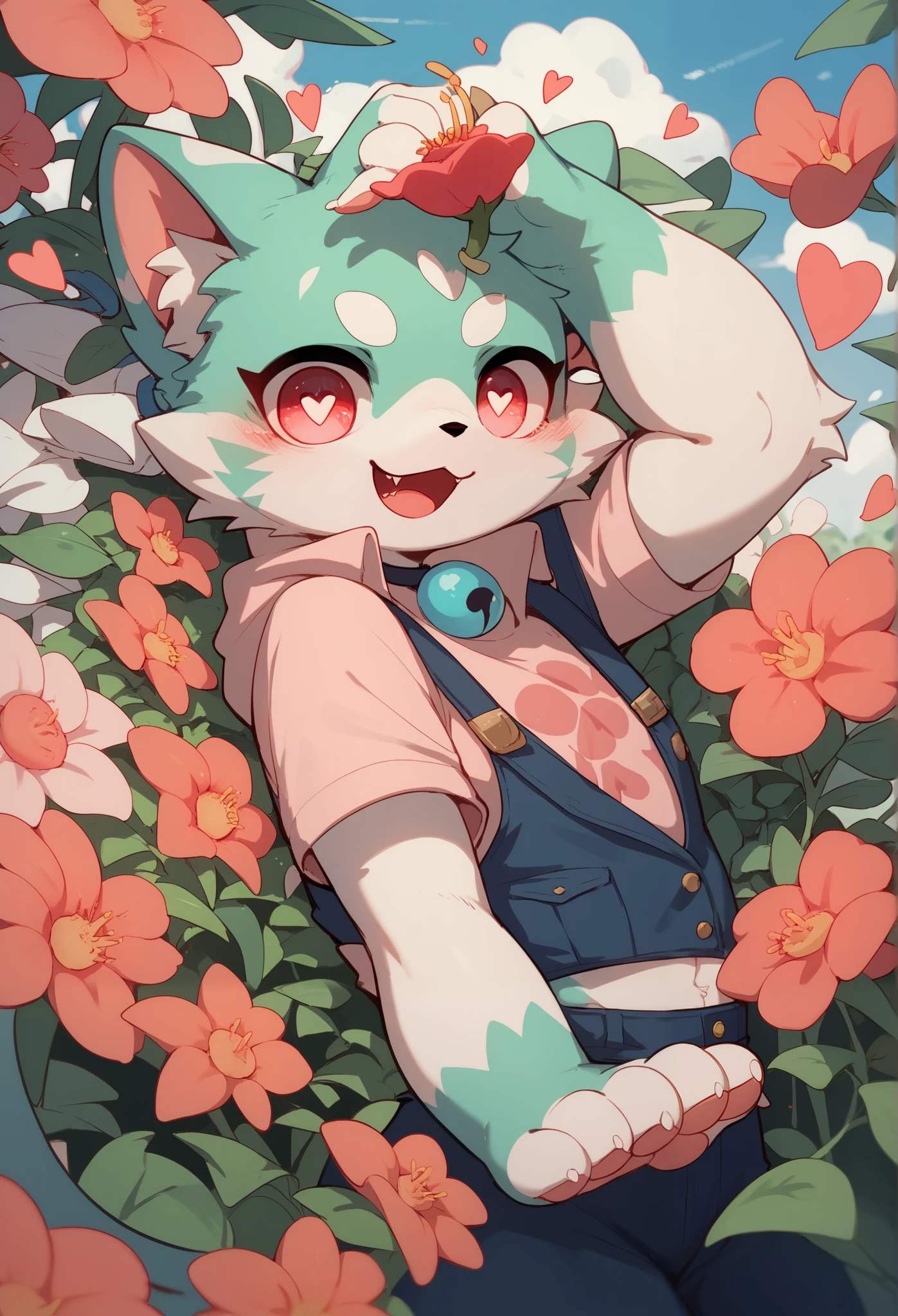 solo, full body，androgynous，fox，purple eyes, rose color fur, white stomach fur, light purple eyes, dark purple oval glasses, green feet, green shoulders, white hand fur, sunny day with multicolored flowers and greenery, cool color palette, by Zackary911, by hyattlen, by fumiko, Furry, Anthro