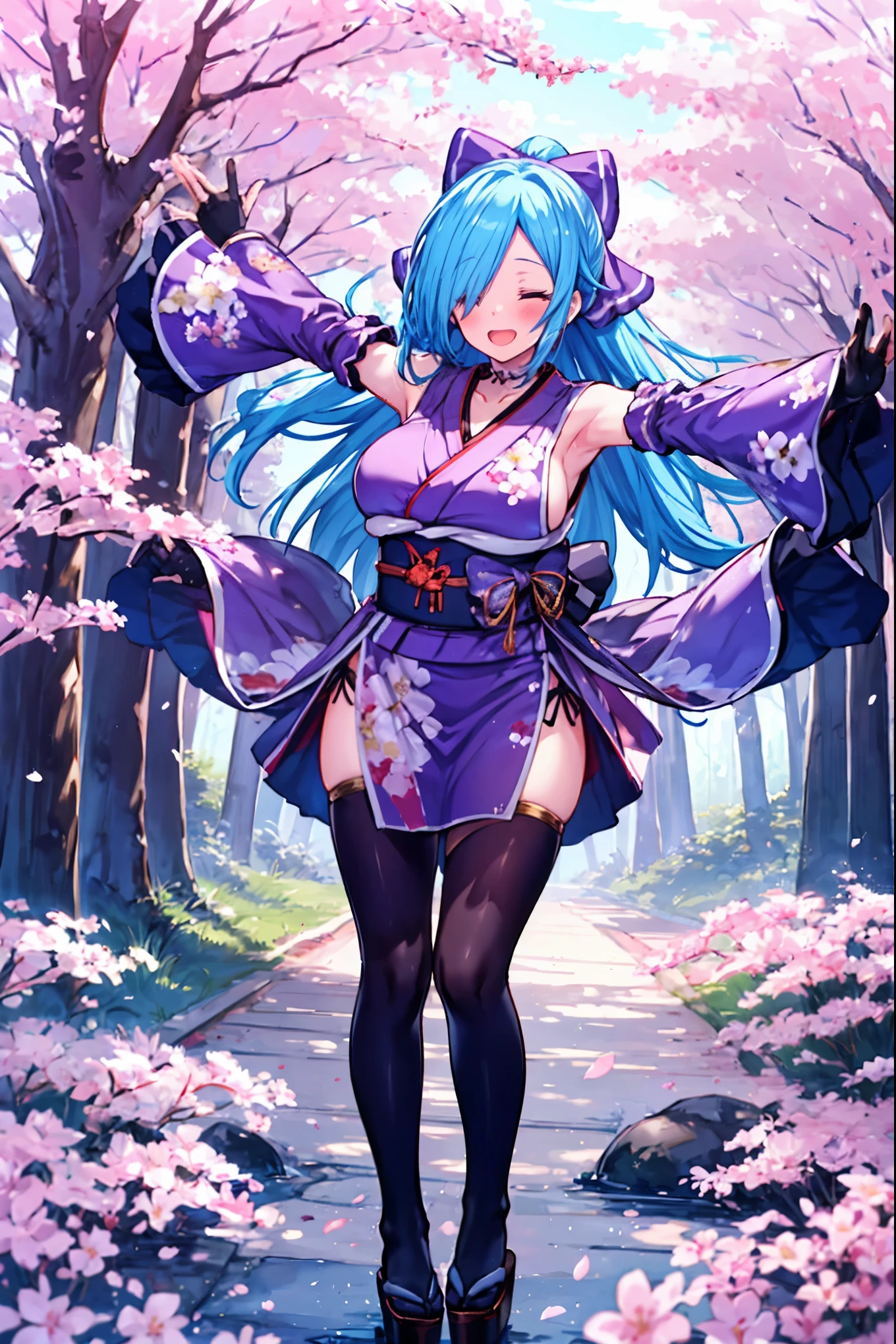 masterpiece, best quality, (1girl, solo),
yamato iori, 1young__girl, virtual youtuber, solo, gloves, bow, hair bow, long hair, hair over one eye, thighhighs, blue hair, fingerless gloves, closed_eyes, japanese clothes, full body, detached sleeves, ponytail, looking at viewer, black gloves, very long hair, (heavy&soft_large_breasts:1.4), purple bow, kimono, smile, open mouth, transparent background, standing, sash, obi, purple kimono
blush,cherry blossoms,
( outdoors, forest, upper body, dynamic pose, looking at viewer, ),plump,raise_arms,