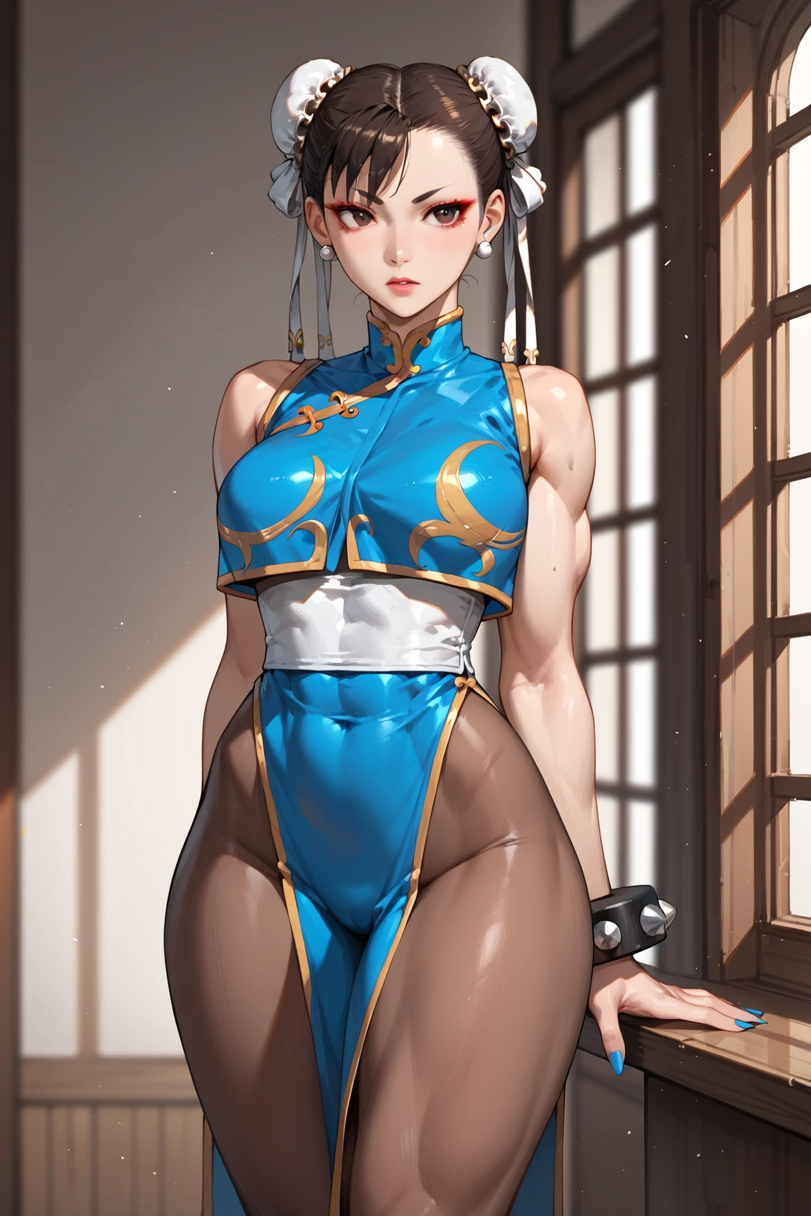 (Masterpiece, Best quality:1.4), (standing:1.5), 1girll, Solo, Shunfa Spring, blue tanktop, unitard, Blue pants, tightsuit, yellow ribbon, Short hair, Sneakers, Bare shoulders, (Young women in Europe:1), view the viewer, belo sorriso, Beautiful face, Highly detailed face, highly details eye, Subsurface scattering, Realistic pupils, full face blush, full pouty lips, Detailed background, Depth of field, voluminetric lighting, Sharp focus, absurderes, Realistic proportions, (Realistic, Hyperrealistic:1.4), 16K HD