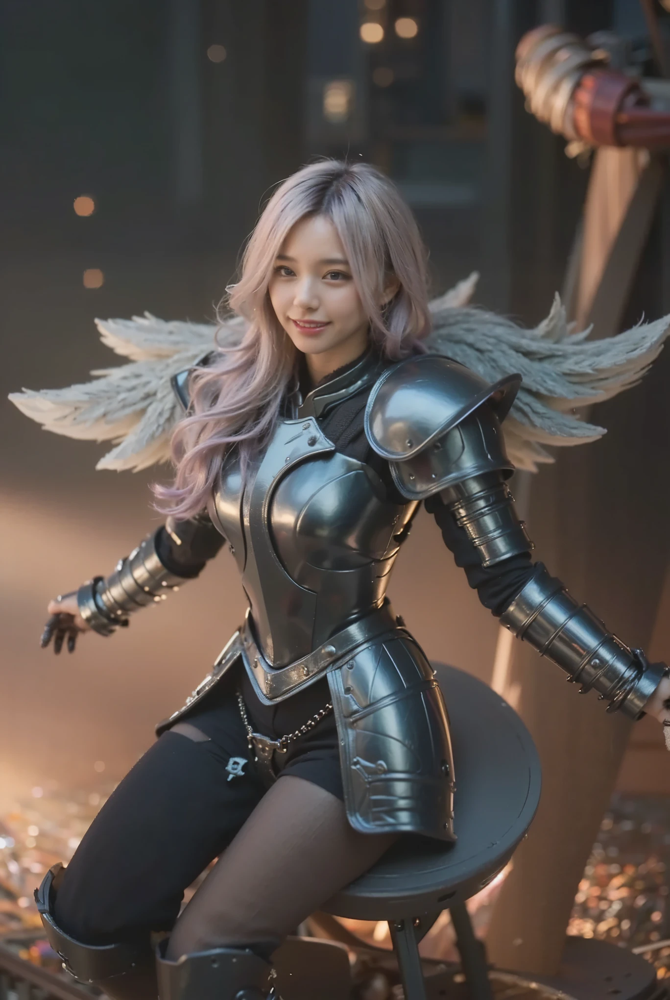 (Completely live action:1.37), (Amazingly realistic textures:1.37), (masterpiece, best quality:1.2), (8k uhd, 16k, 32k, ultra high res), amazingly realistic skin, amazingly realistic photo, superrealism, (photorealistic:1.37), (RAW photo), ultimately realistic, (ultimately realistic all details), (ultimately realistic all textures), super realistic lighting, super realistic shadow, (japanese girl:1.5), ((young face)), smiling, happy, super realistic face, ultimately realistic skin, ultimately realistic eyes, (mascara:1.35)ultimately realistic background, ultimately realistic detail up, kkw-ph1, ((drooping eyes, cyberpunk-style cyborg girl, amazingly intricate details, Anatomically perfect hands, mechanical body, silver knight armor, ultra glossy texture, purple hair))