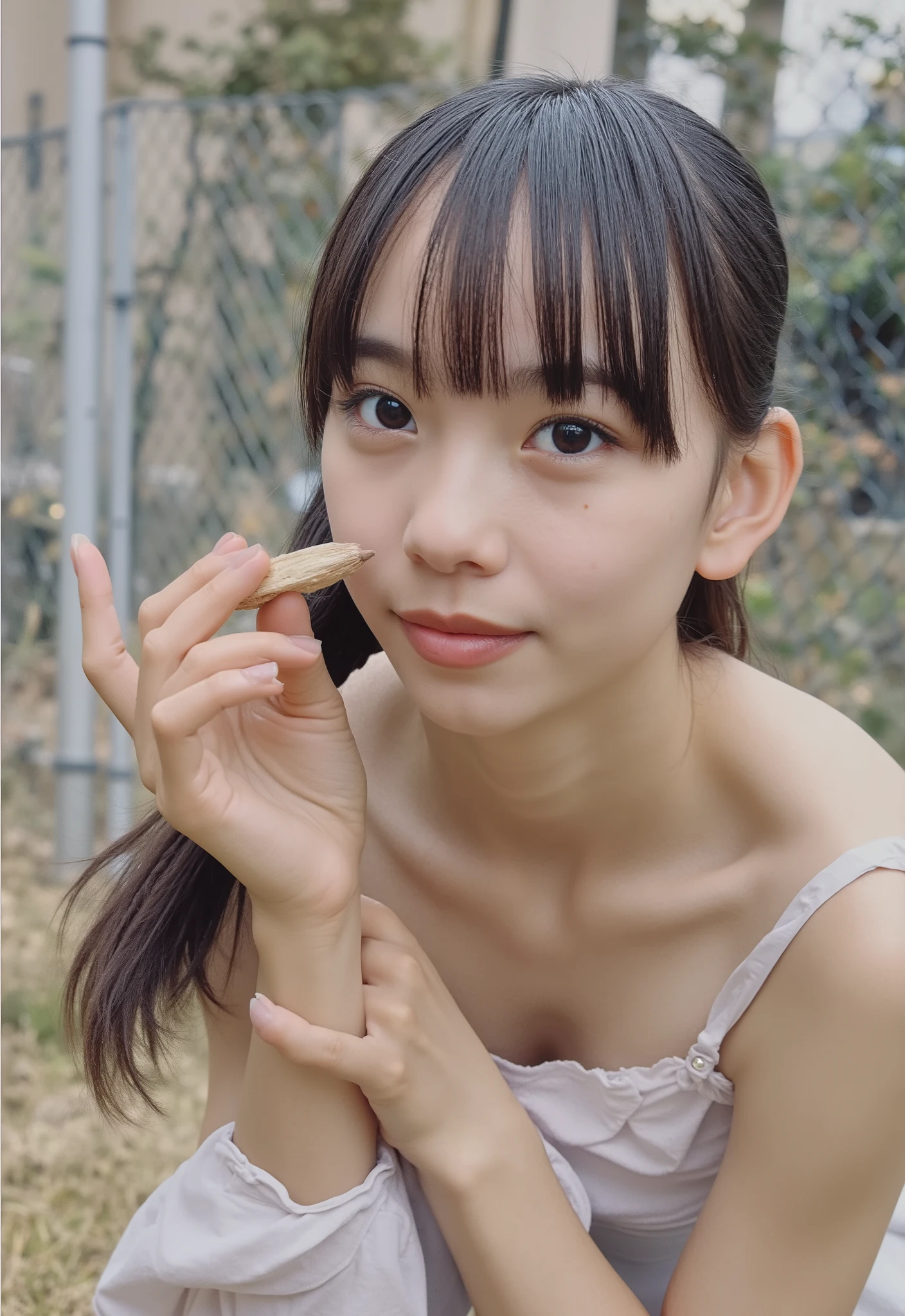 (4K, masterpiece,   high quality,  Details), ((I only wear a white camisole with no shoulder straps and white panties with a small area,  slender,  sexy collarbone,  can see her cleavage,  flat chest,  short,  Clothes Are Wet , Position of putting on your knees and leaning forward)), (( braid braids)), {{   :1.4}}, Pear Shape 、 body with thick subcutaneous fat  , (  RAW photos in the loop,  top quality ), (reality, reality:1.4),  beautiful details,  beautiful lip details  ,  Very elaborate eyes and face ,  perfect anatomy, ( flat chest:1.2),