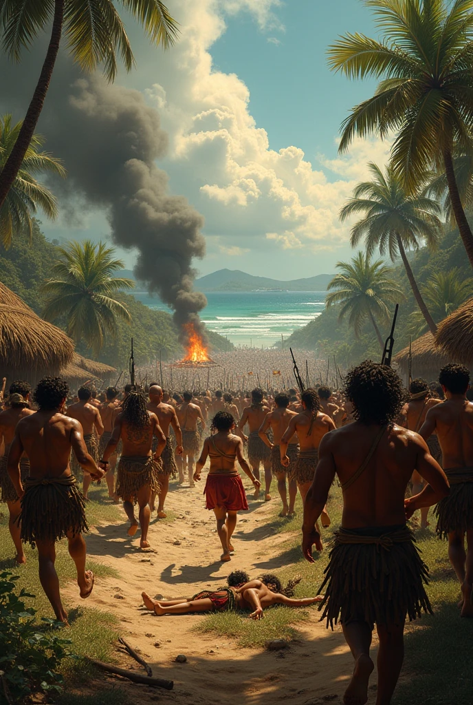 Holocene period, dark cloudy day with black clouds in the sky, Amerindian men looking in various directions, beardless indians, no bear observed, wearing feathers and plumes with shell necklaces from shore and Amerindian Neanderthal women, small stature,sturdy body, Chove forte, chest covered with colorful feathers and plumesfeathers covering the torso, , brown skin aborigines , savages wearing only a few colorful bird feathers , just dirty skin grandpa feathers, catching fish, turtle shells on the ground..lots and lots of shells on the floor, floor full of shells and seaweed few feathers cover the body , no clothes under the feathers no straw disheveled hair, hair spread out, messy hair, ugly hair masterpeiece on a remote beach and many small white shells, muddy shells, fish remains, remains of bonfires with smoke coming out of the embers, many oysters, fish bones and on the floor , searching for shells on the sand, dead fish on the sand, piles of shells nearby