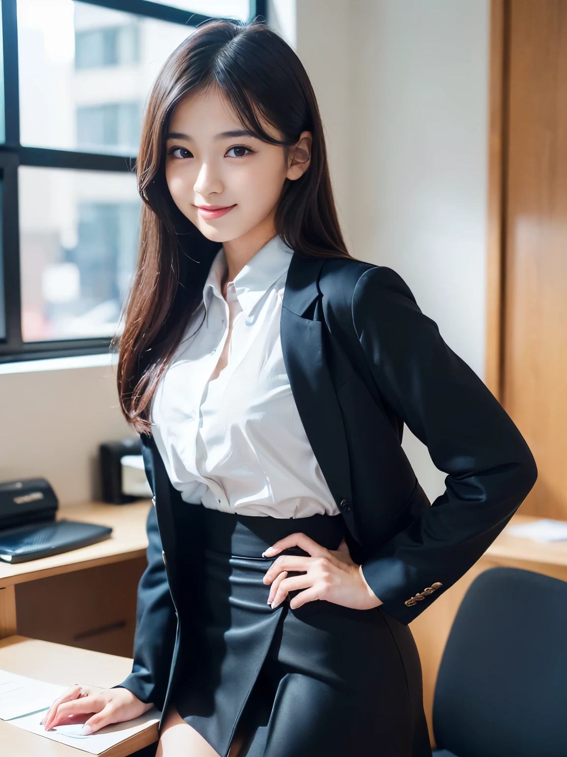 (1 Ultimate Beautiful Mature Woman), Super detailed face, Detailed lips, delicate eyes, double eyelids, Brunette Bob Hair, (Grinning), ((beautiful teeth)), Full, large breasts, (thighs thighs thighs thighs), (Potrat), ((business jacket, women's shirts, tight mini skirt):1.Choose suitable, Perfect body, face perfect, depth of field, 完美的图像Realism, background with:((in the office))、詳細なbackground with, detailed clothing, perfect thing、Surrealism、Realism、8K maximum resolution, (Masterpiece), Very detailed, professional