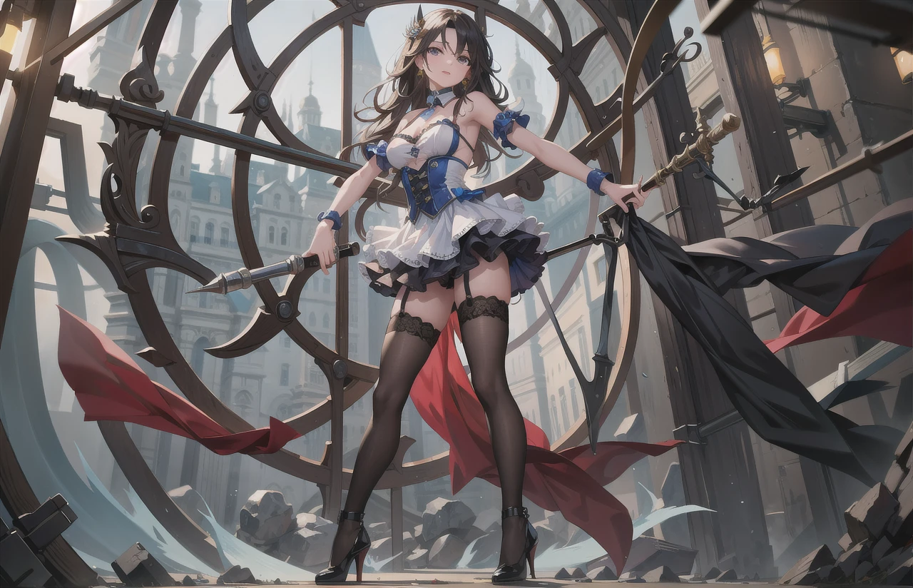 1 girl, hentai, lewd, short hair, black hair, blue eyes, bent over, pale skin, red dress, steampunk dress, black corset, black stockings, black heels, short dress, lifting dress, lifting skirt, black panties, lace panties, big ass, big breasts, busty, on wooden ship, on airship, naughty, teasing, smug