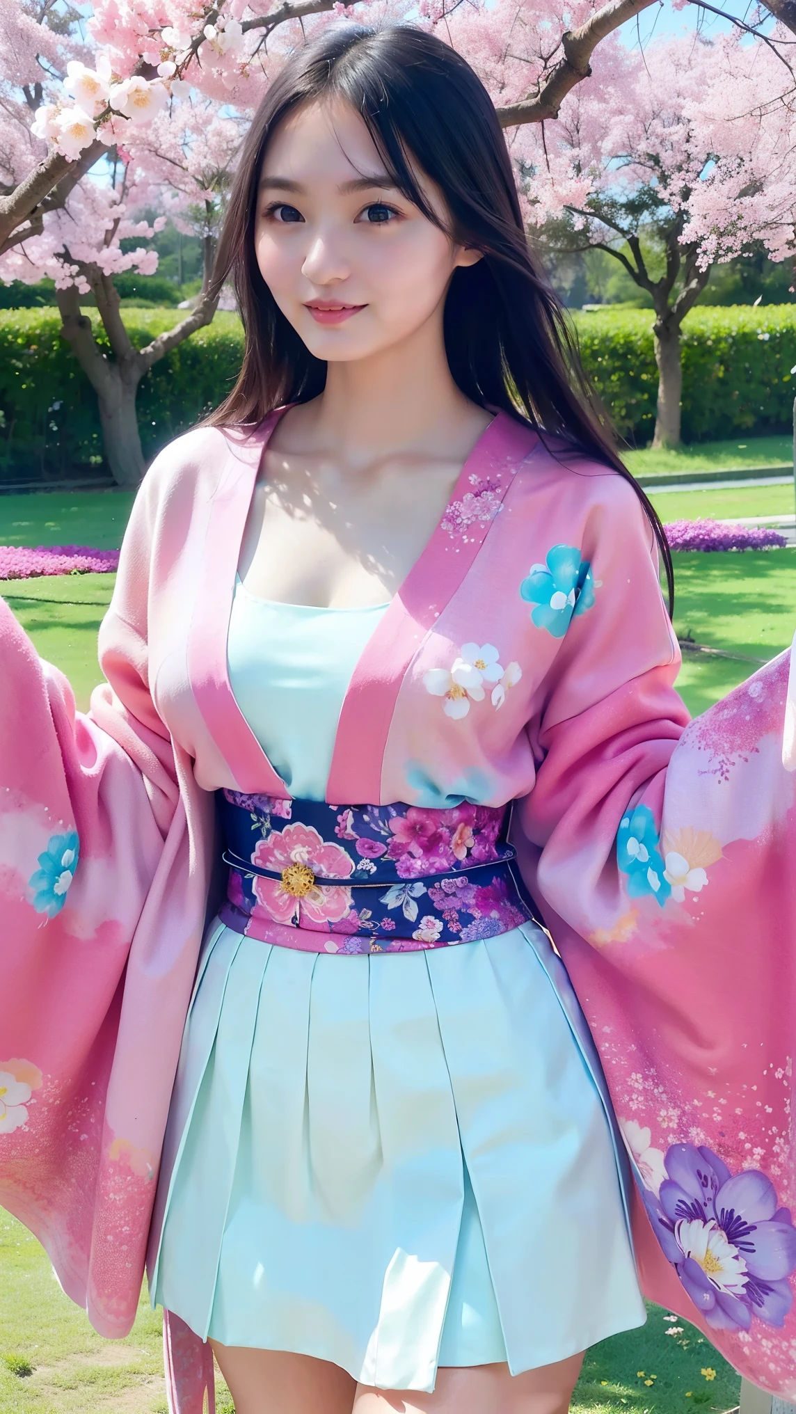 ( on the tip of the nipple, long eyelashes,  swaying short skirt hem ,  kimono dyed with traditional Japanese patterns,  vivid background , A blooming flower garden , Gentle sunlight,   a picture of a young woman standing in a field, possibly of paper or fabric ),  create an illustration with a texture that is easy to draw , Realistic skin depiction,  vibrant colors,  fine shading like the picture ,  artistic portrait style,  bright and soft lighting.