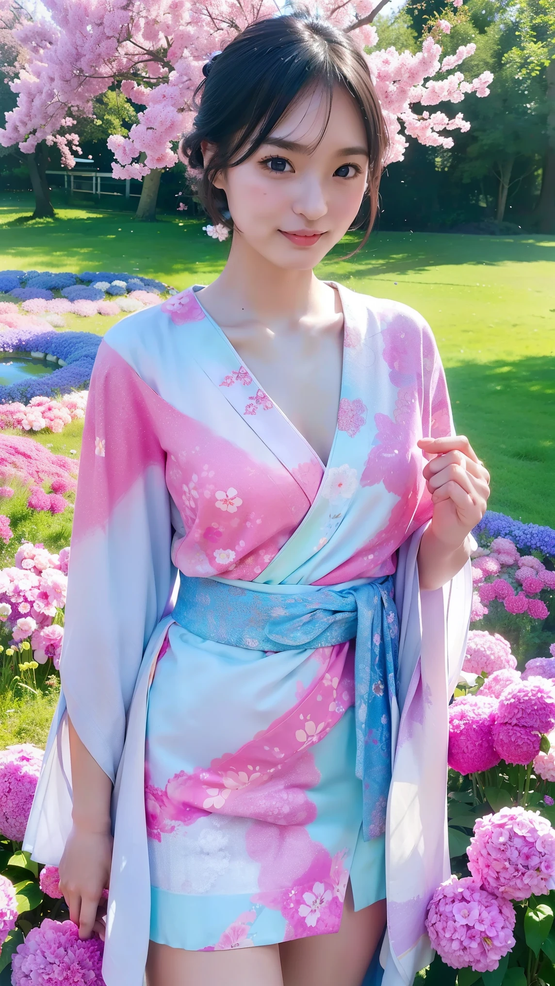 ( on the tip of the nipple, long eyelashes, swaying short skirt hem , kimono dyed with traditional Japanese patterns, vivid background , A blooming flower garden , Gentle sunlight, a picture of a young woman standing in a field, possibly of paper or fabric ), create an illustration with a texture that is easy to draw , Realistic skin depiction, vibrant colors, fine shading like the picture , artistic portrait style, bright and soft lighting.