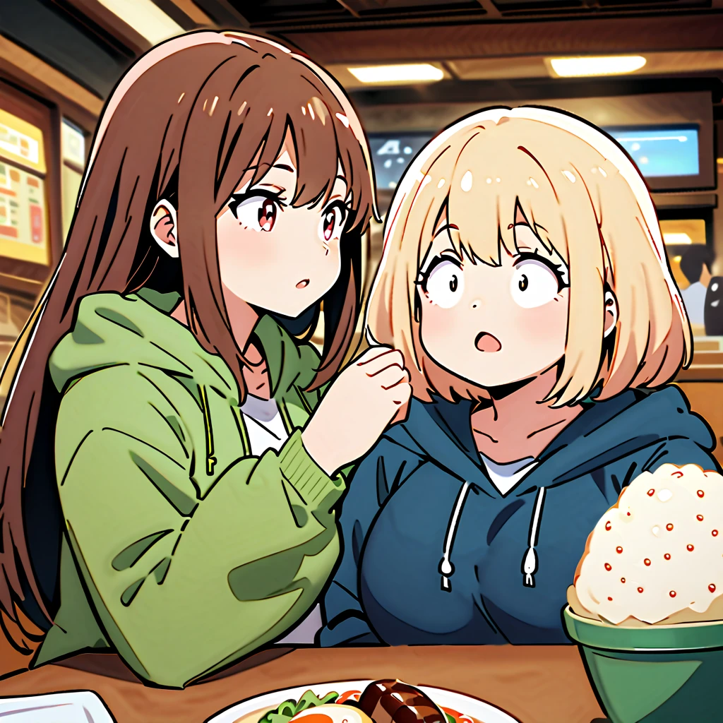 Anime, high detailed, 2 chubby girls, chubby girls, Wearing hoodies, she's making the heimlish maneuver on the other girl, in a Restaurant 