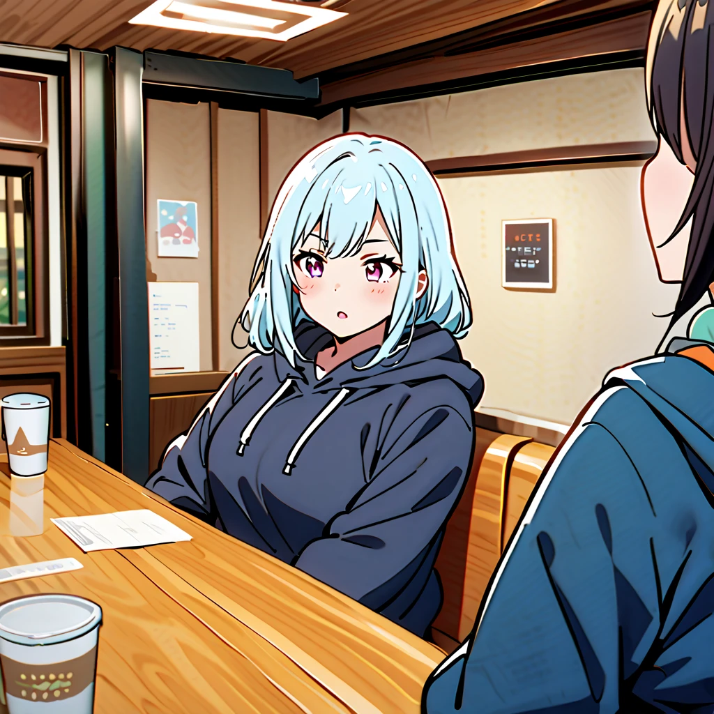 Anime, high detailed, 2 chubby girls, chubby girls, Wearing hoodies, she's making the heimlish maneuver on the other girl, in a Restaurant