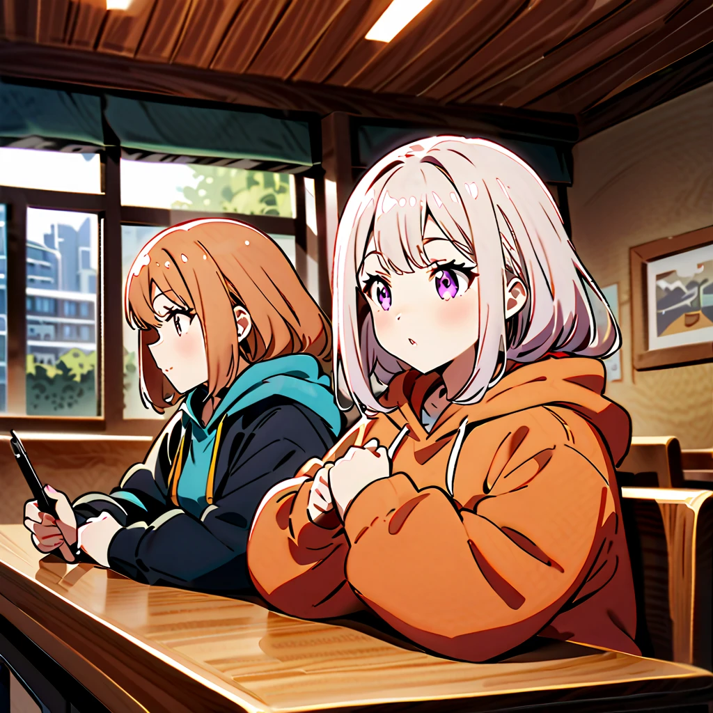 Anime, high detailed, 2 chubby girls, chubby girls, Wearing hoodies, she's making the heimlish maneuver on the other girl, in a Restaurant