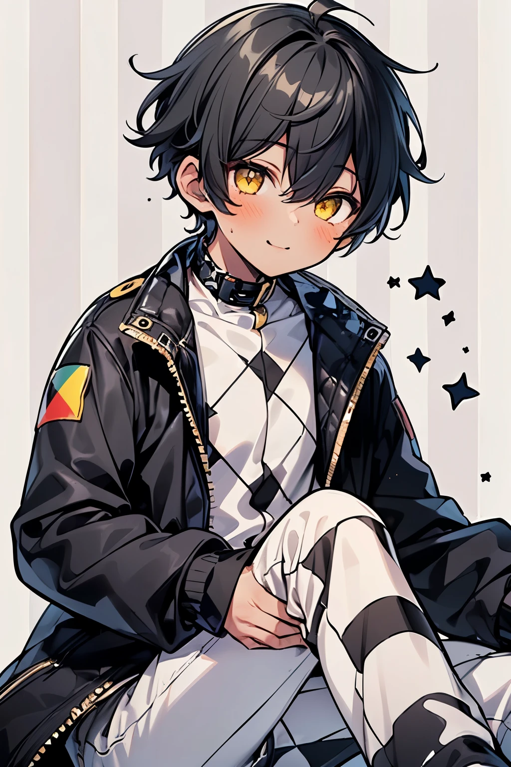 ((1-boy :1.5)),((gay:1.3)),((male:1.2)),( with sparkling eyes) has a big smile,(( Mark:1.0)),(knee length puffer jacket:1.0),(naked jacket:1.2),((Karly hair:1.0)),(short hair:0.8),wave hair,yellow eyes,((Checker pattern background:1.3)),(NSFW:0.8),((I want to be hugged:1.0)),((very Dark skinned body:1.5)),(Halloween:0.8)