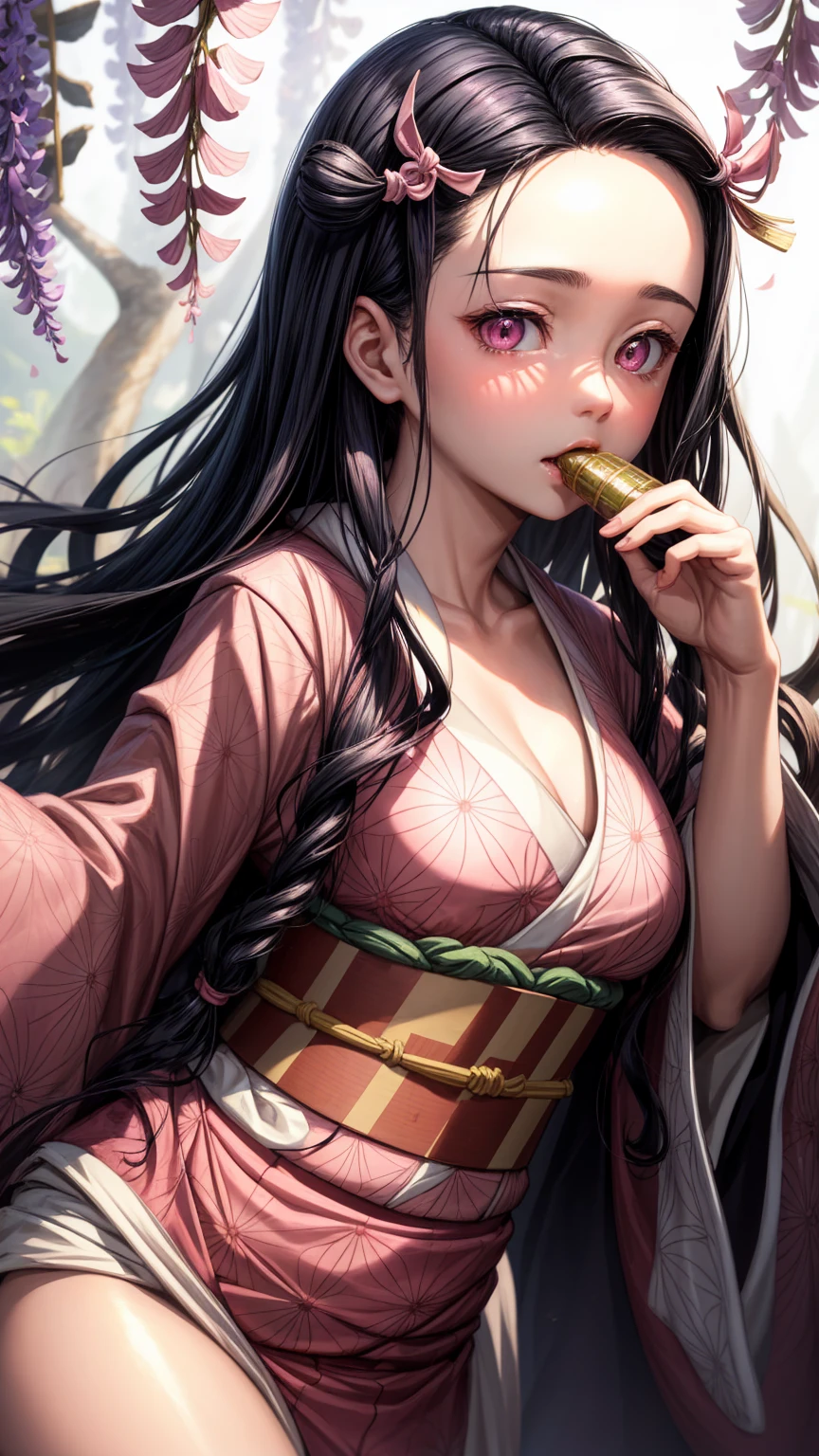 masterpiece, (Pink kimono), Seductive face, good lighting, decolletage, finely detail, masterpiece, Glowing eyes, 1girl in, Brunet, (gag:1.3), Bamboo, Nezuko Takedo, a bed、 masterpiece, top-quality,full body Esbian, thin-waist,small-medium sized breasts、wariza、Girl sitting、Pink eyes、4K IMAGE, masterpiece, showing one teeth.