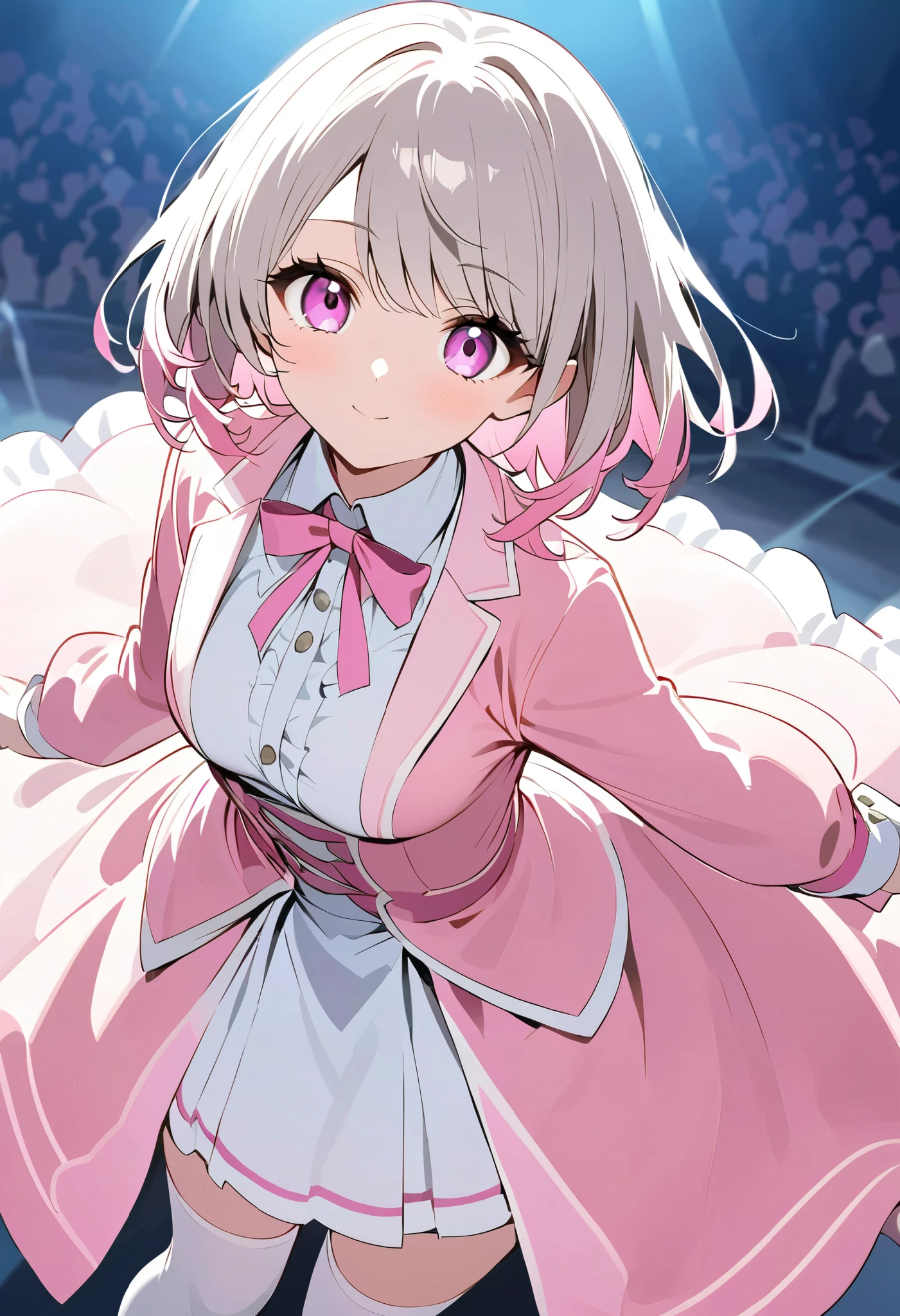 Gray Hair、Gray Hairに毛先はピンク、 Pink Long Sleeve Dressロングスカート、  pink ribbon がついたWhite knee socks、  pink ribbon 、  Idol Costume、White medium hair with pink tips 、Pink hair with pink tips、 Pink Long Sleeve Dress、Beautiful Absolute Realm  、whole body、White knee high socks、 Pink Long Sleeve Dress、白く  short hair 、Beautiful Absolute Realm  、Alone、 White knee high socks with pink small ribbon、Depiction of fine eyes 、  short hair 、