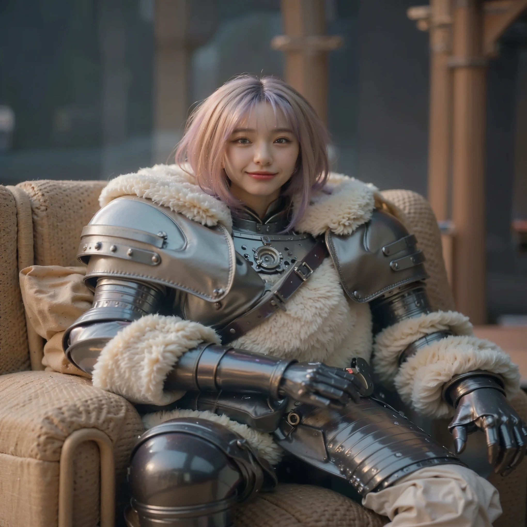 (Completely live action:1.37), (Amazingly realistic textures:1.37), (masterpiece, best quality:1.2), (8k uhd, 16k, 32k, ultra high res), amazingly realistic skin, amazingly realistic photo, superrealism, (photorealistic:1.37), (RAW photo), ultimately realistic, (ultimately realistic all details), (ultimately realistic all textures), super realistic lighting, super realistic shadow, (japanese girl:1.5), ((young face)), smiling, happy, super realistic face, ultimately realistic skin, ultimately realistic eyes, (mascara:1.35)ultimately realistic background, ultimately realistic detail up, kkw-ph1, ((drooping eyes, cyberpunk-style cyborg girl, amazingly intricate details, Anatomically perfect hands, mechanical body, silver knight armor, ultra glossy texture, purple hair))