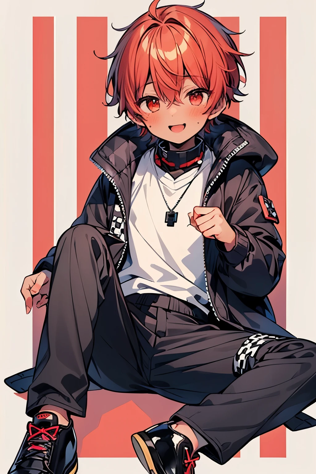 ((1-boy :1.5)),((gay:1.3)),((male:1.2)), smile with open mouth,((Trump Mark :1.0)),(knee length puffer jacket:1.0),(sheer jacket:1.2),RED hair,red eyes,((Checker pattern background:1.3)),(NSFW:0.8),(( Begging Pose:1.0)),((Dark skinned body:1.5)),