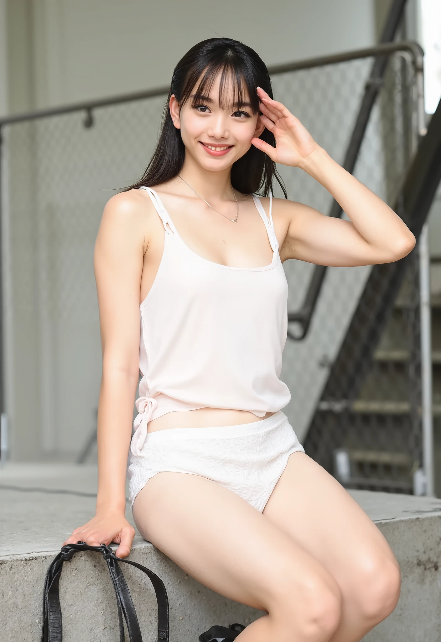 Neat college girl, petite person, (micro bikini, white camisole, white panties), outside the athletic field, (slim, small, flat, small), photorealistic, detail, skin texture, super detailed, delicate and sexy collarbone, wistful look, super detailed face, detailed lips, detailed eyes, double eyelids, very sexy maid costume, Legs sitting with bent knees, squatting, white panties visible through skirt, sexy pose