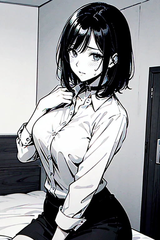 ((super high quality,))((Ultra-high resolution,))(16K,)(super masterpiece,)((Ultra HD ,))(Detailed shading,)One sexy office lady,Cleavage,popped Tight collar White shirts,Tight Skirt,Ecstatic smile,blush,Dimly lit bedroom,Lying in bed,