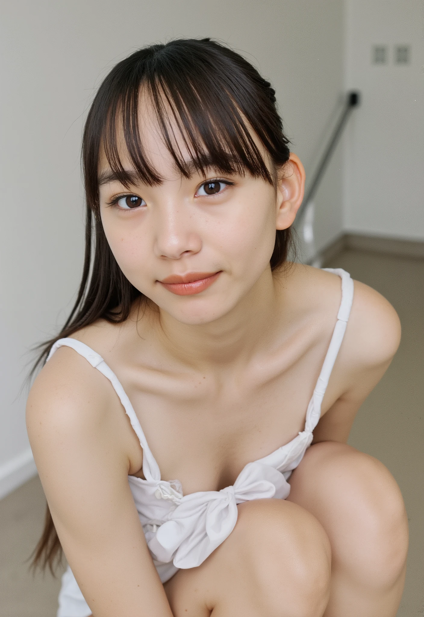 (4K, masterpiece, high quality, Details), ((I only wear a white camisole with no shoulder straps and white panties with a small area, slender, sexy collarbone, My chest is wide open , flat chest, short, Clothes Are Wet , Position of putting on your knees and leaning forward)), (( braid braids)), {{ :1.4}},, ( RAW photos in the loop, top quality ), (reality, reality:1.4), beautiful details, beautiful lip details , Very elaborate eyes and face , perfect anatomy, ( flat chest:1.2),