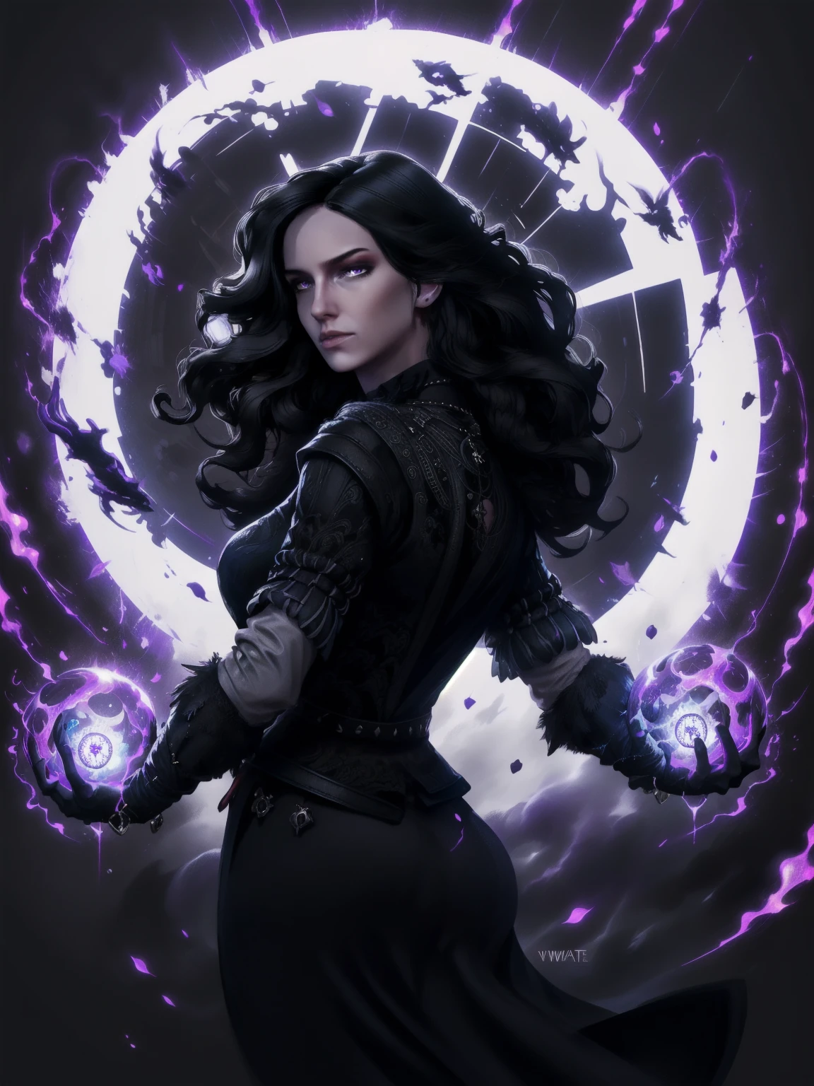 Create a digital illustration of a powerful sorceress inspired by Yennefer from The Witcher. She has striking violet eyes, long flowing raven-black hair, and is dressed in an elegant black and purple gown adorned with intricate magical symbols. Her expression is intense and confident, exuding both wisdom and mystery. The background is a flat, gradient blend of dark and light gray tones to emphasize her figure and magical aura. Her pose is dynamic, with one hand raised, conjuring a glowing magical orb surrounded by swirling energy. Portrait, close up the face, backwards, looking back