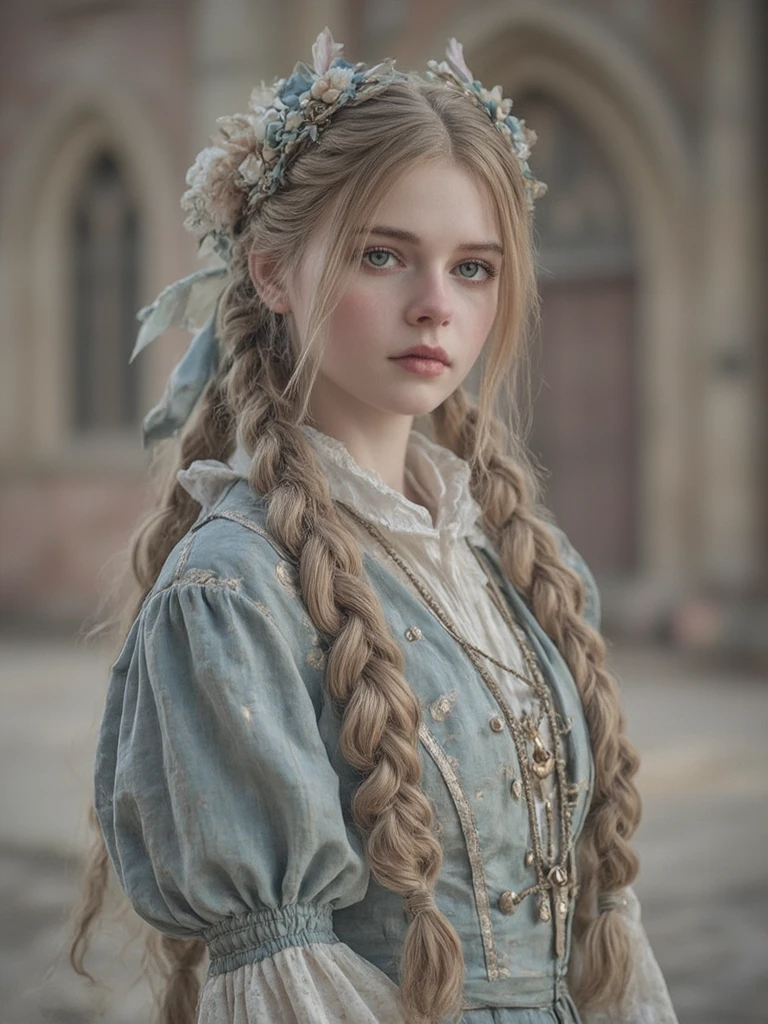 headshot photo of <lora:tenletters_v1:.9> tenletters, focus on smiling face, wearing victorian clothing , her hair is styled as french fishtail crown braid,