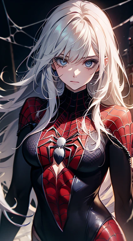 masterpiece, best quality, highres, kei1, 1girl, solo, blue eyes, long hair, (((wears a detailed female black spiderman costume with mask))) , ribbon, bangs, long hair and price, collar bone, gray hair, black hair band, neck ribbon, hair between eyes, medium-sized breasts, cowboy shot, smile, (((detailed anatomically correct body with detailed hands without errors)), (she's climbing a building like a spider), (complete escenario detallado)