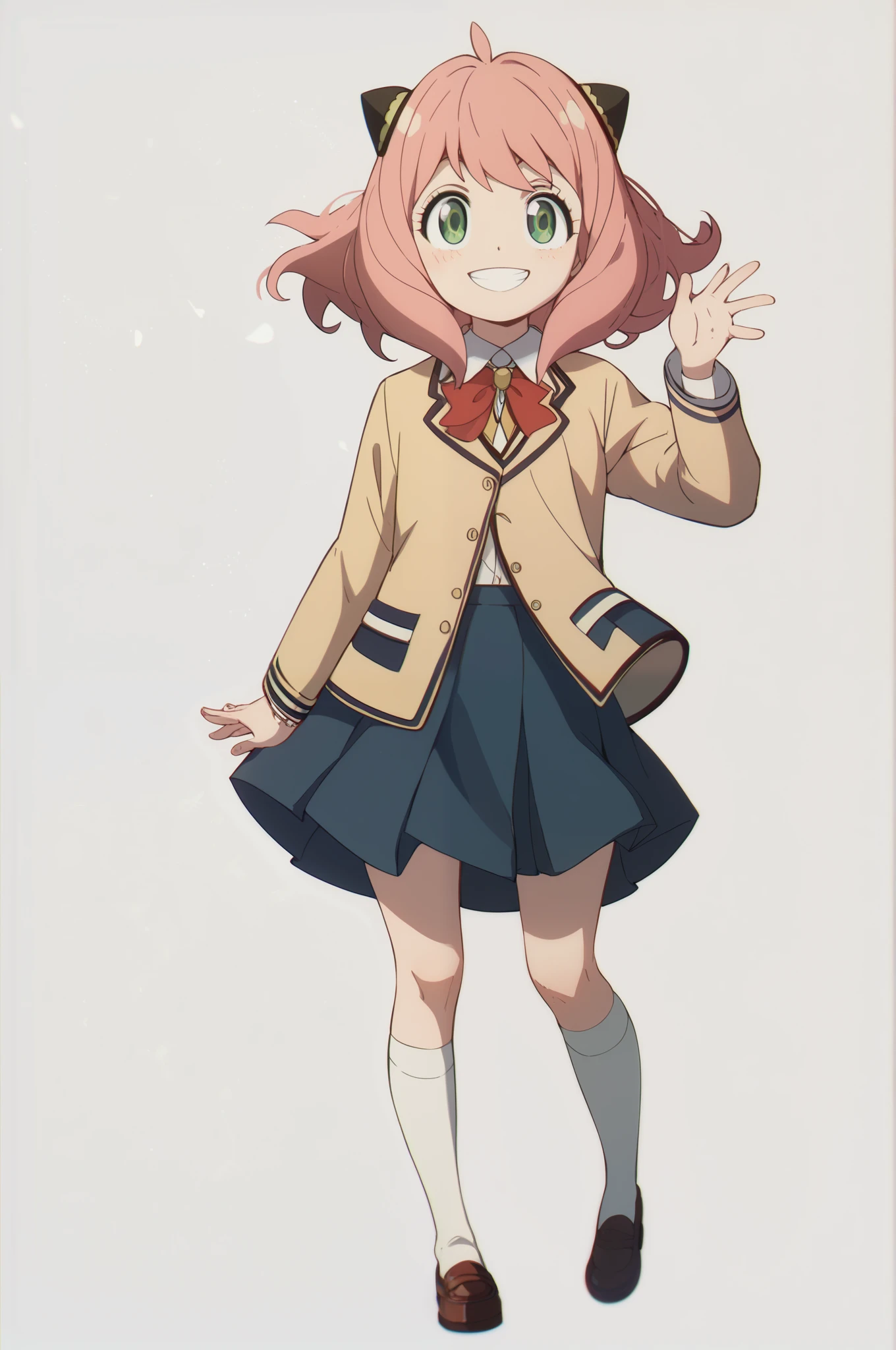 best image quality、 highest resolution、formula wallpaper、 simple background、 full body portrait、
one girl、 Anya Forger、 school uniform、 standing、 hair fluttering in the wind 、smile、