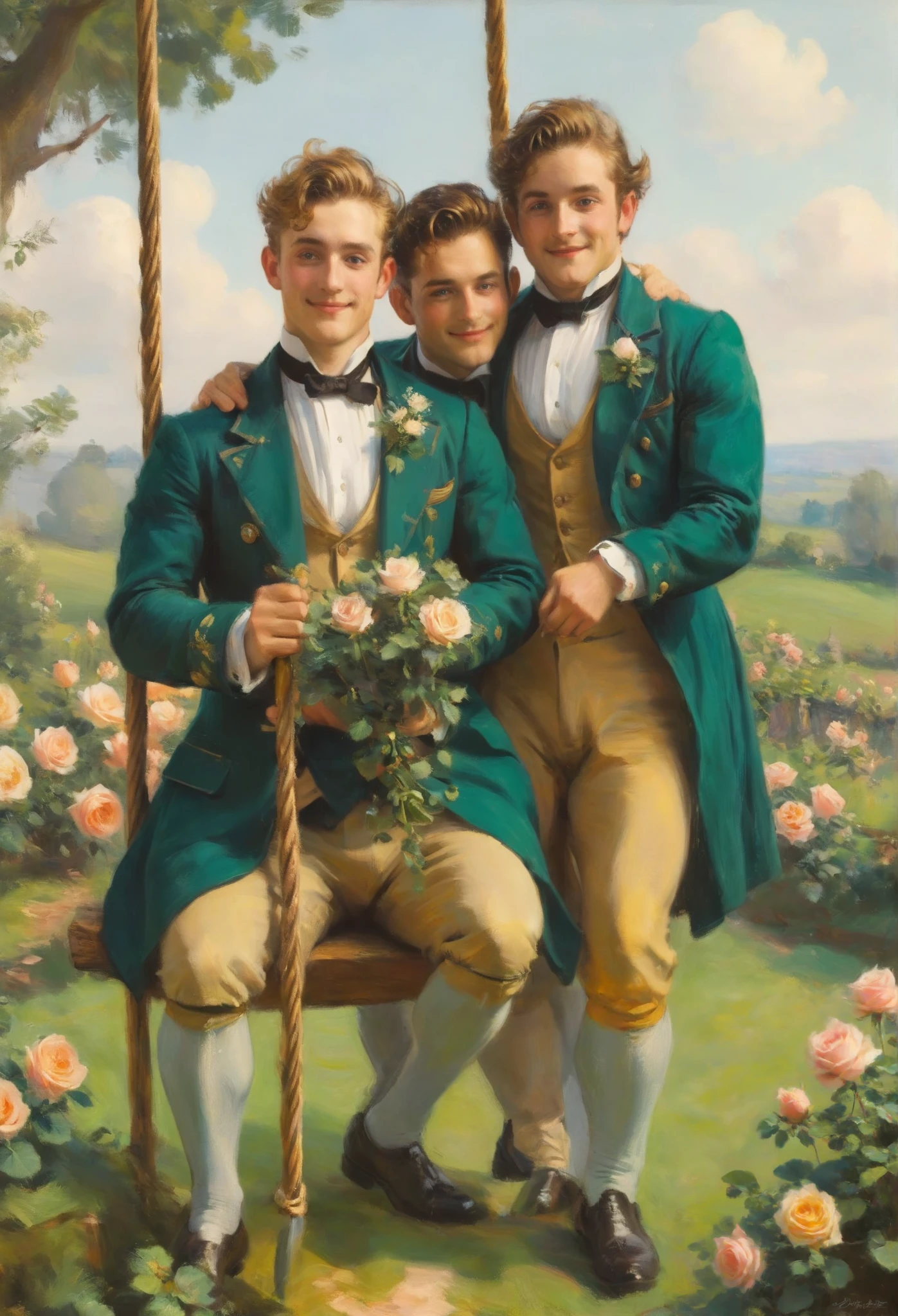 handsome , an oil painting of two bulky Irish men on a beautiful rose swing {x} with wedding suits of two large Irish men, a pair of hugging , ,morning bright, warm vivid ,by Beatrix Potter,soft shadows,dreamy , enigmatic atmosphere , masterpiece ,baroque, masterpiece , sharp details , awesome level of details ,Pinterest'te trend,