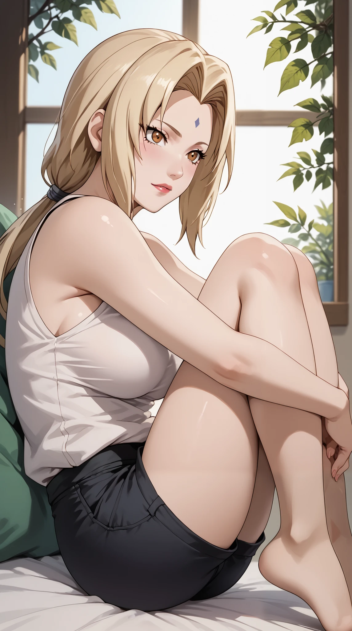 Masterpiece, extremely detailed,4k,solo, 1girl, tsunade, beauty anime face, Wonderful eyes, full body,fetal position ,perfect slim body ,perfect slim body, very large breasts,white croptop,sleeveless,((sexy short pants)), Front look, arms behind back,sit on the bed, sunlight on the windows, cowboy shot, bokeh, photograph,sit down, Sexy expression,white plain background

