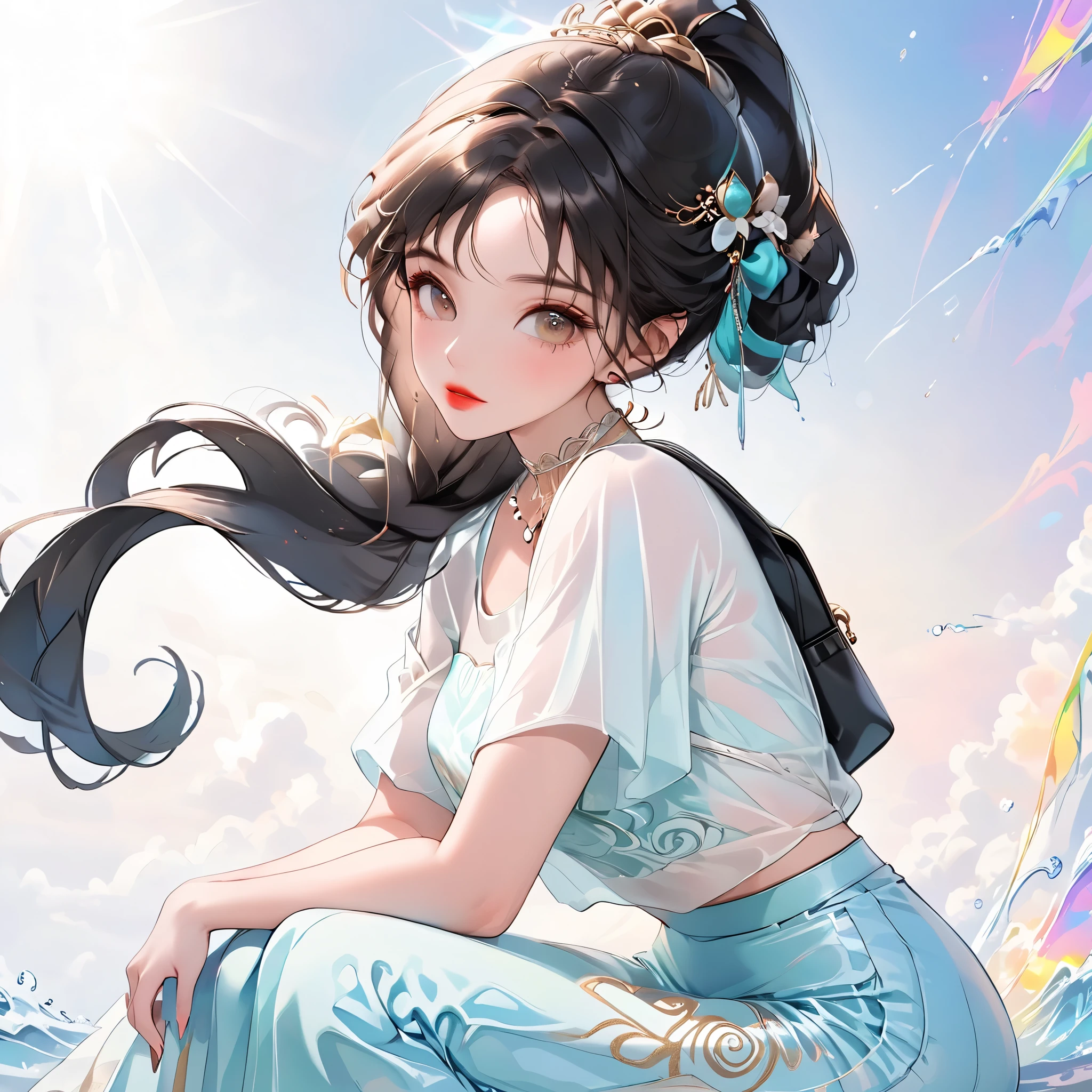 (beautiful girl:1.3),1girl,masterpiece,Highest quality,Ultra-high resolution,rich contrast,super high quality,8k,Highly detailed CG unit wallpaper,texture,Incredibly absurd,Ultra-high resolution,Highest quality anime,professional photograph,an extremely delicate and beautiful,RAW Photos,Depth of Field 1.2,ultra-detailed eyes,Glitter Effect,Beautiful glossy lips, 25years old, gorgeous legs, noise perfect, gorgeous ass, 1girl, gorgeous ass, dynamic pose, sensual woman, seductive woman, mature woman, Milf, maternal, shy look, full body, JasmineWaifu, princess jasmine, very long black hair,  She usually wears her hair in a ponytail with two sea green bands and a swirl, brown eyes, pink lips, (type of photo: medium shot, portraying the person from head to waist), Casual Chic Set (Urban Style): Upper: Light gray oversized cotton T-shirt with an abstract artistic print in pastel tones. The neck is round and slightly elastic. Bottom: High-waisted, straight-cut jeans, worn at the thighs and subtly ripped at the knees. Shoes: White sports shoes, with metallic details on the sides. Accessories: Large sunglasses, black leather backpack and a minimalist watch.