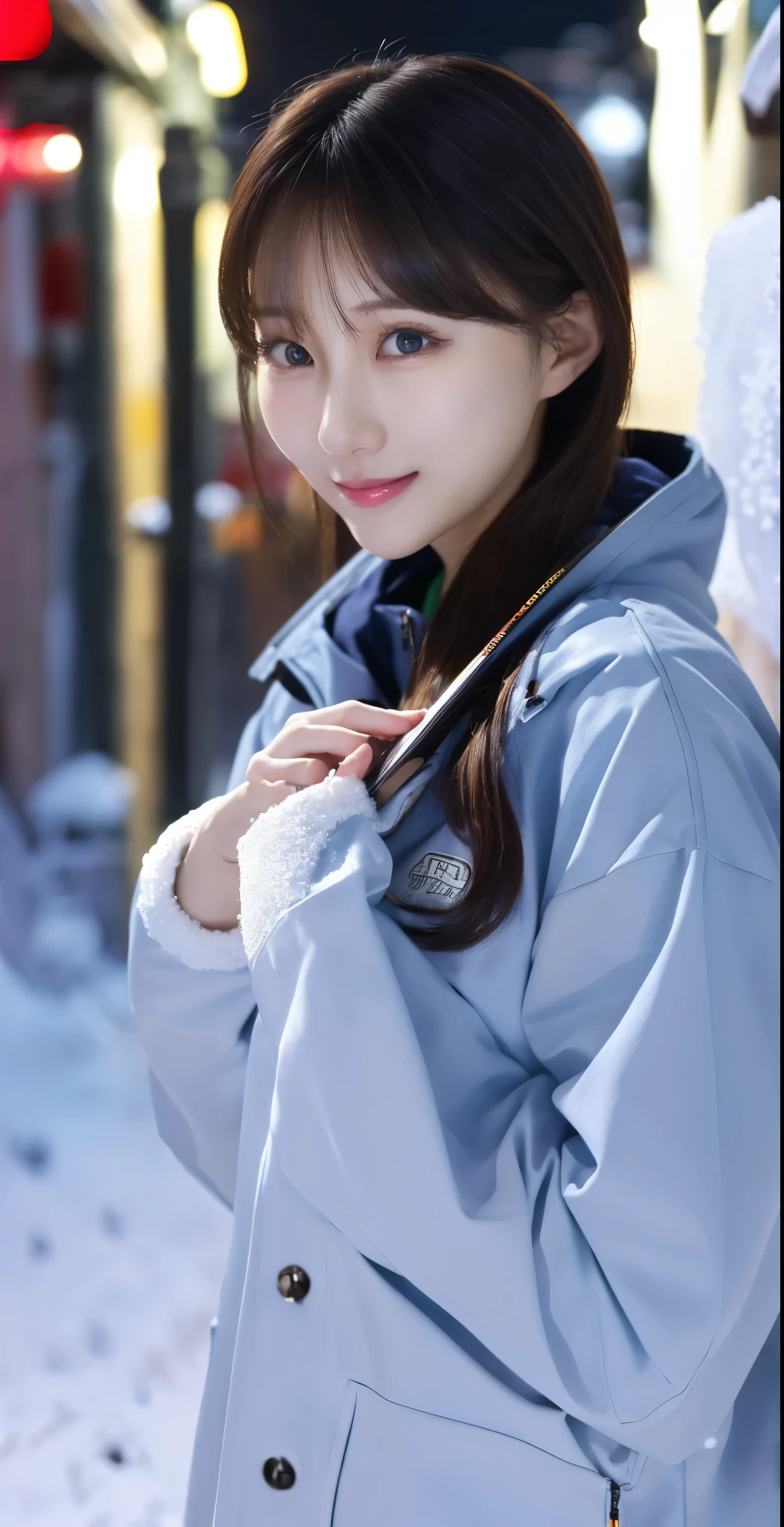 1 girl, (Wear ski wear:1.2), ( RAW photos in the loop, top quality), ( is present, photorealistic :1.4), masterpiece, (( Knee-length shots )), so delicate and beautiful, extremely detailed outdoors, 2k wallpaper, wonderful, Finely Details, Highly Detailed CG Unity 8k Wallpaper , Super Detail, high resolution, Soft light, beautiful detailed girl wearing a blue trench coat , Extremely Sophisticated Eyes and Faces , beautiful detailed nose, beautiful detailed eyes, cinematic lighting that grabs his body, The lights that color the city on a snowy night , Snow Scenery , It's Snowing , There'Snow in my hair , perfect anatomy, slender body, I was nervous.,
Straight semi-long hair , bangs, viewers, smile