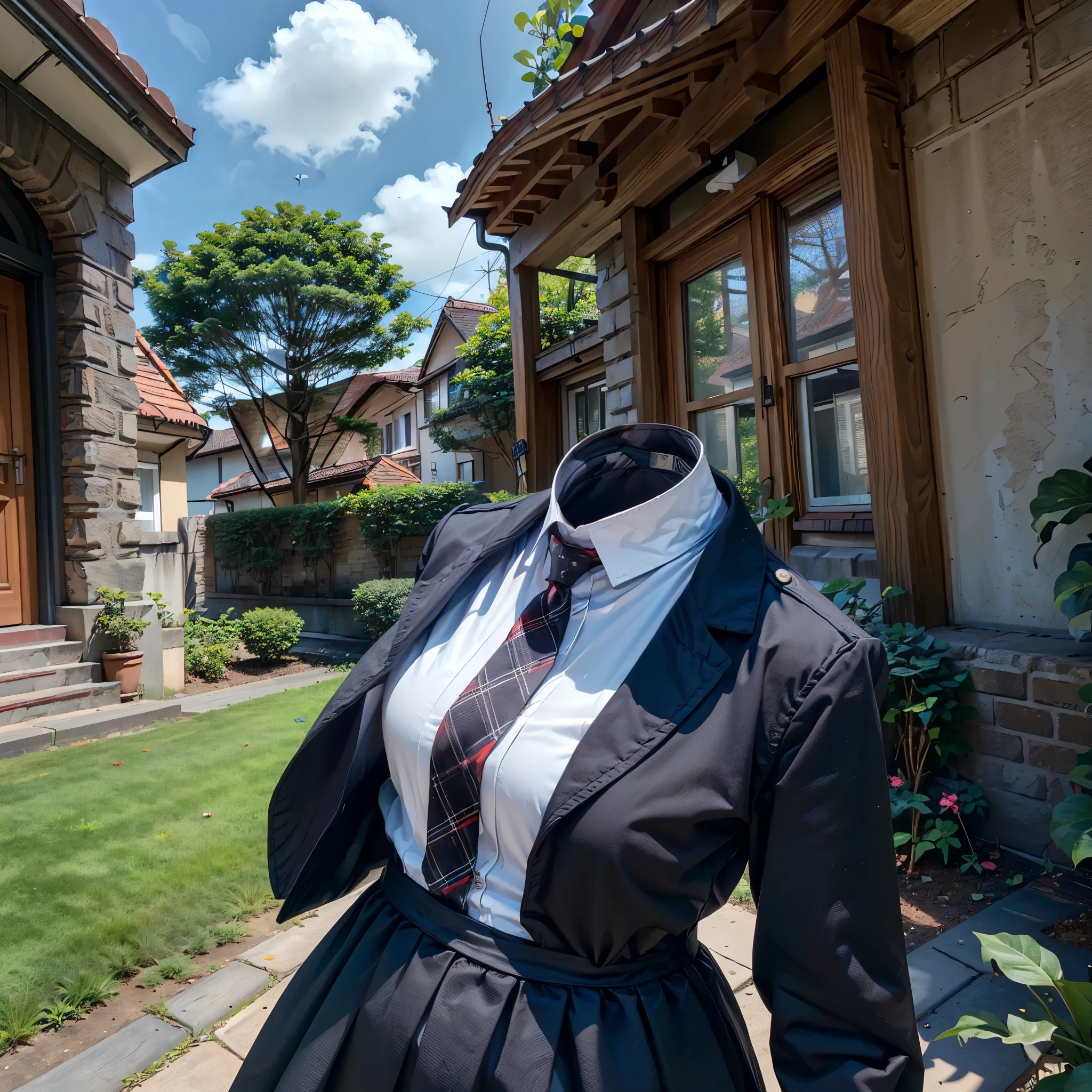 (invisible, no humans, headless, handless, faceless:1.5), 1girl, highres, stripe tie, school uniform, black dress, red ribbon, long sleeves, neck ribbon, school jacket, collared dress, in garden, photon mapping, radiosity, ((Hasselblad photography)), physically-based rendering, detailed cloth texture, arched back
